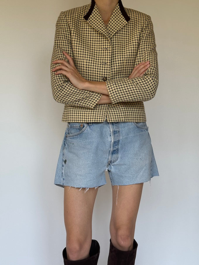 Vintage Classic Houndstooth Check Blazer with Dark Brown Accents 6324