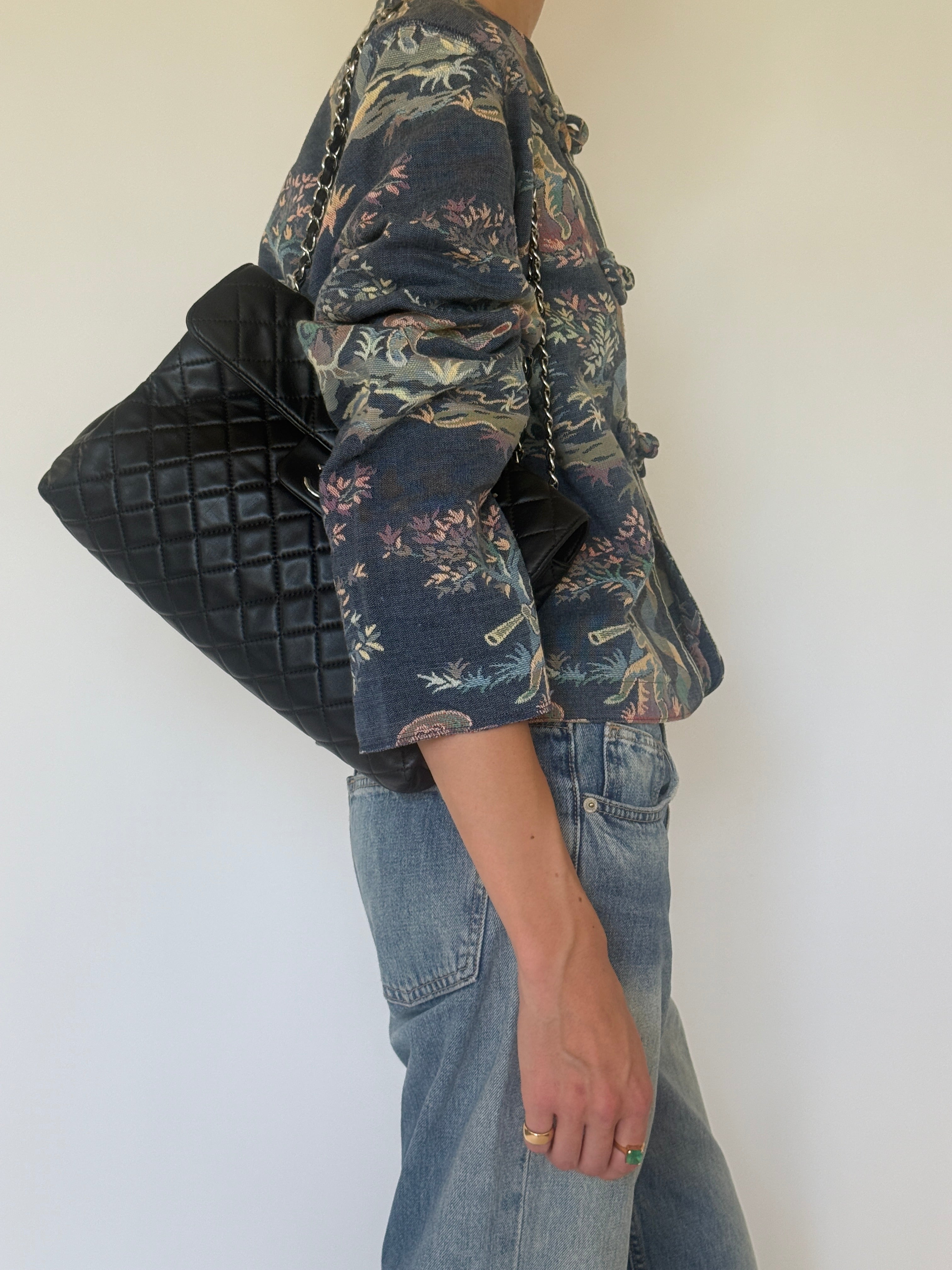 Vintage blue tapestry jacket side view