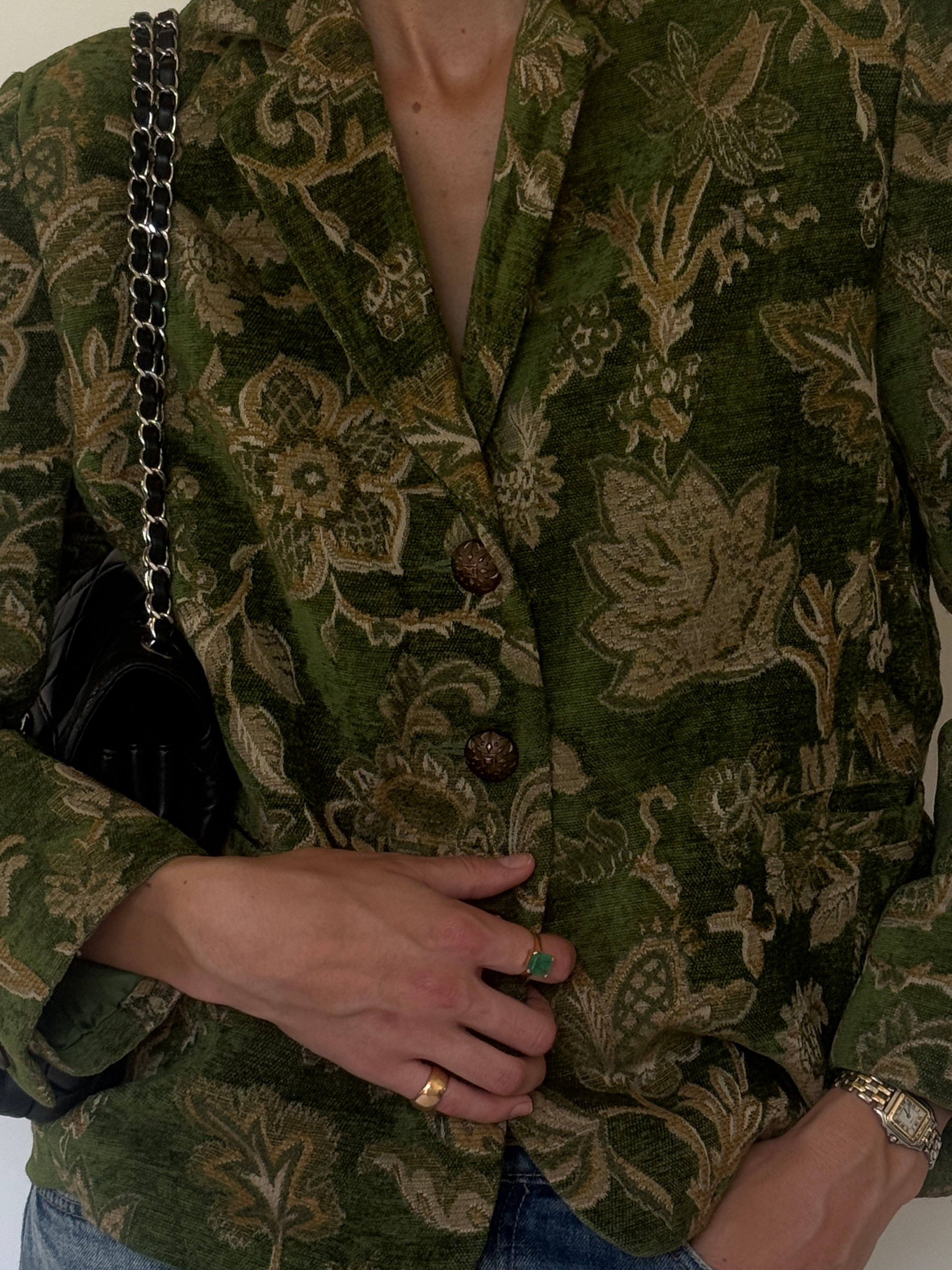 Vintage green floral blazer front view