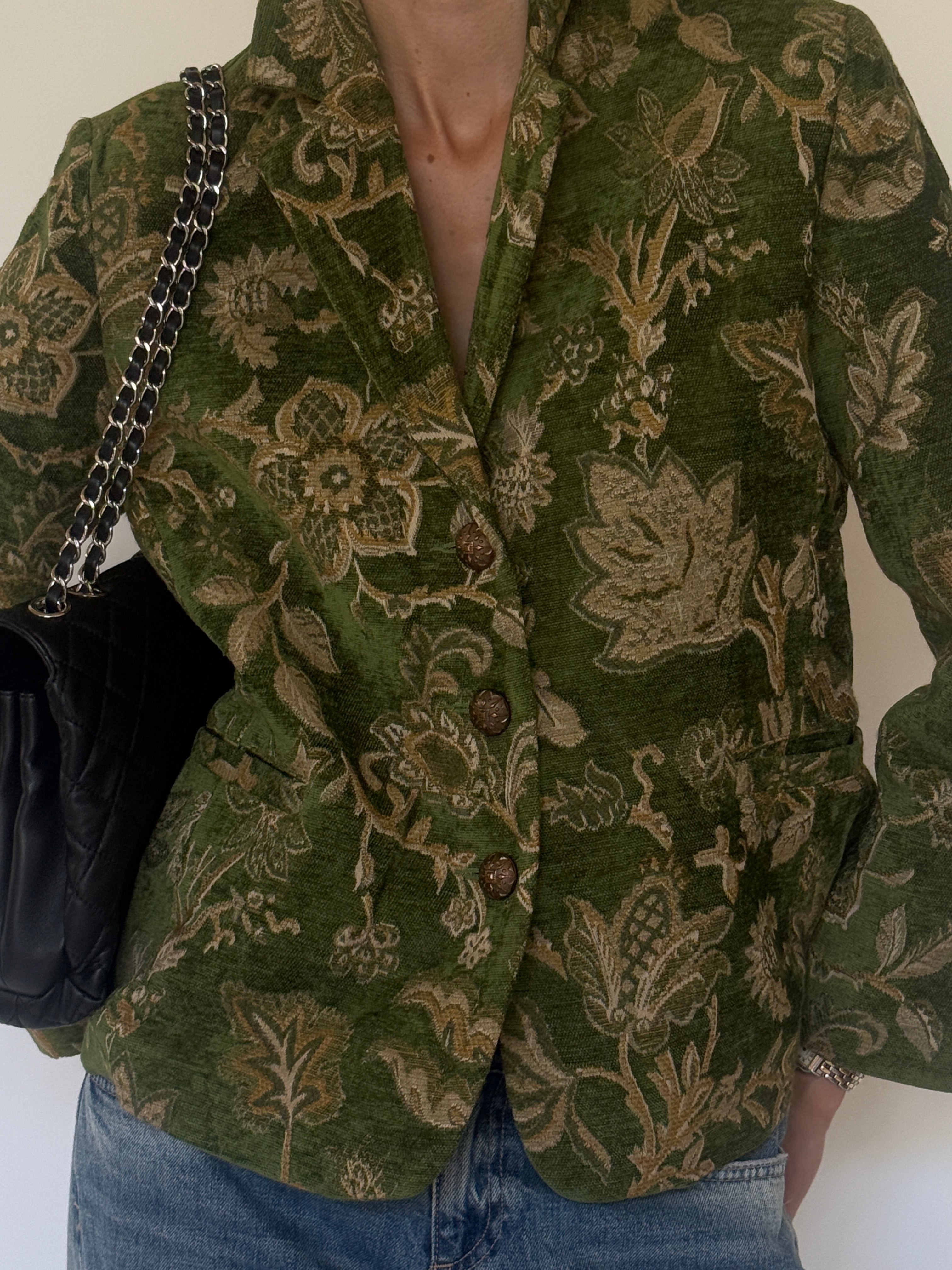 Vintage green floral blazer front view