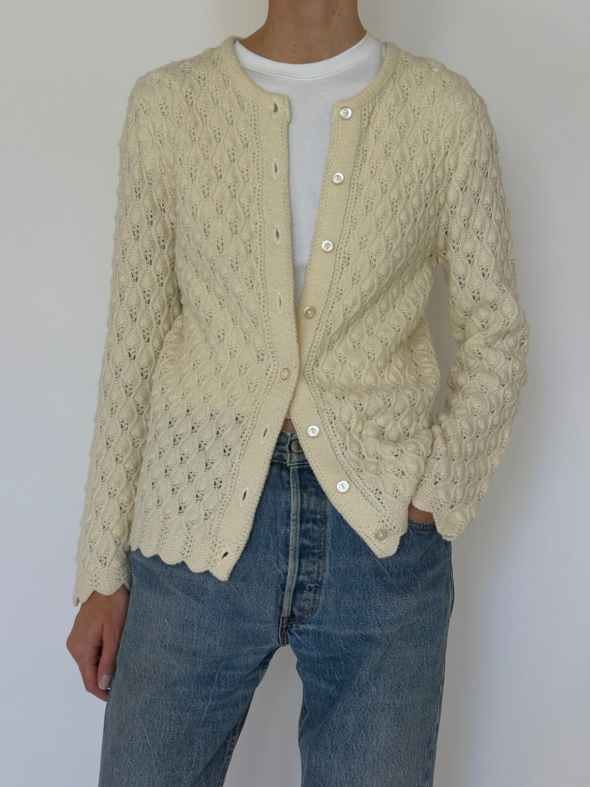Vintage Pointelle Knit Cardigan Cream 7582