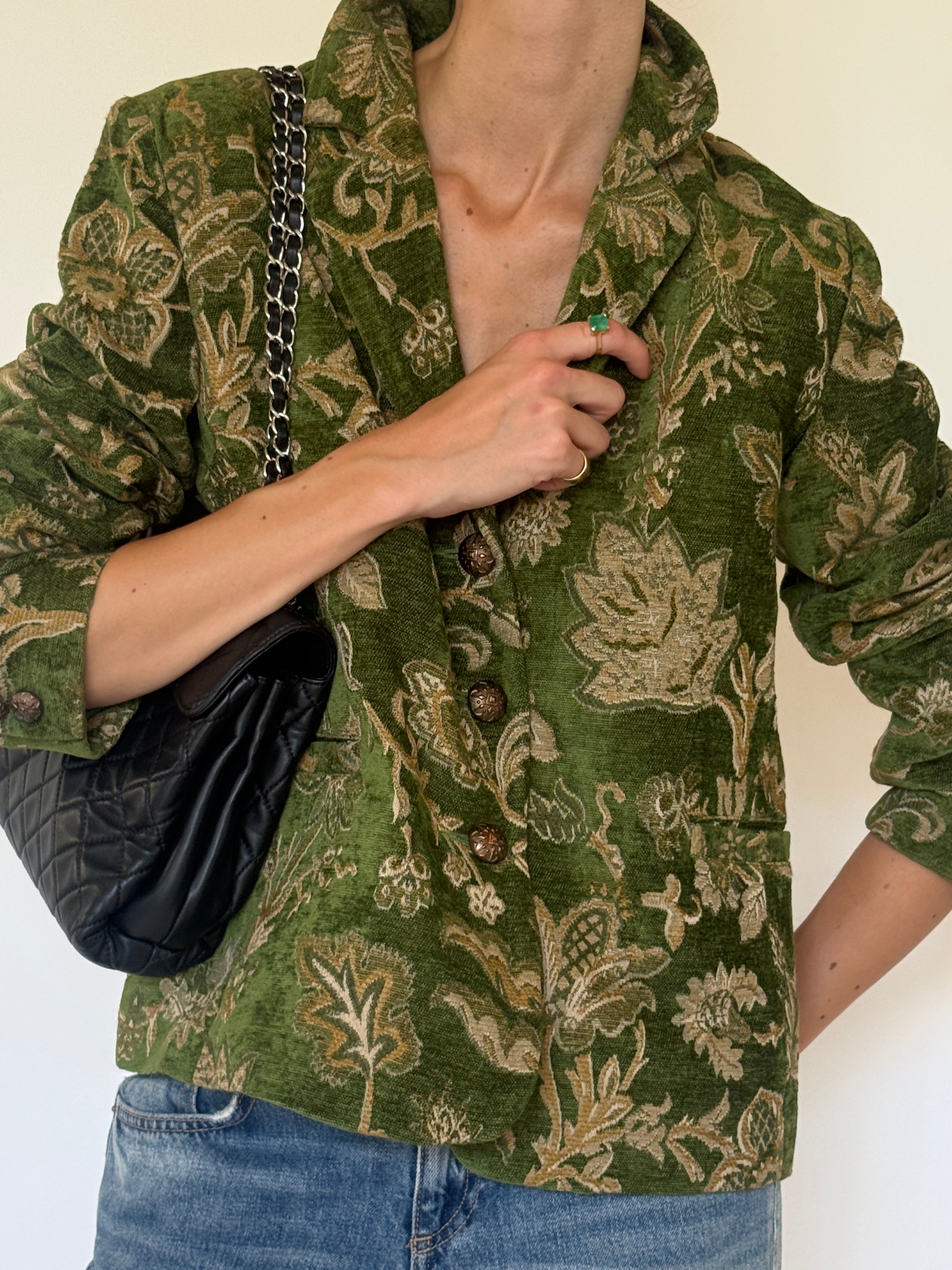 Vintage green floral blazer front view