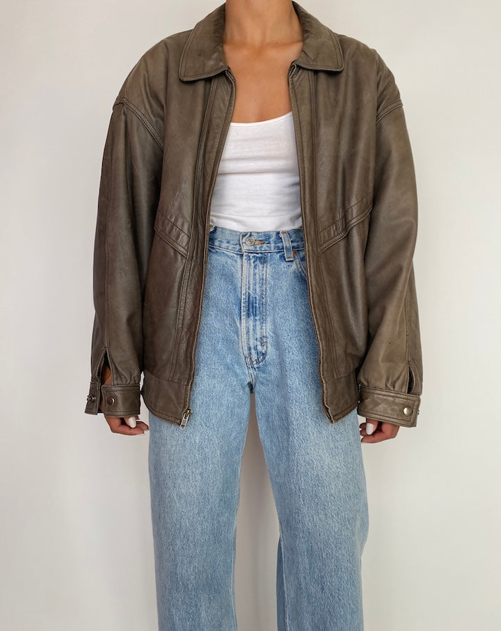 VINTAGE OVERSIZED BOXY BROWN LEATHER JACKET 2976