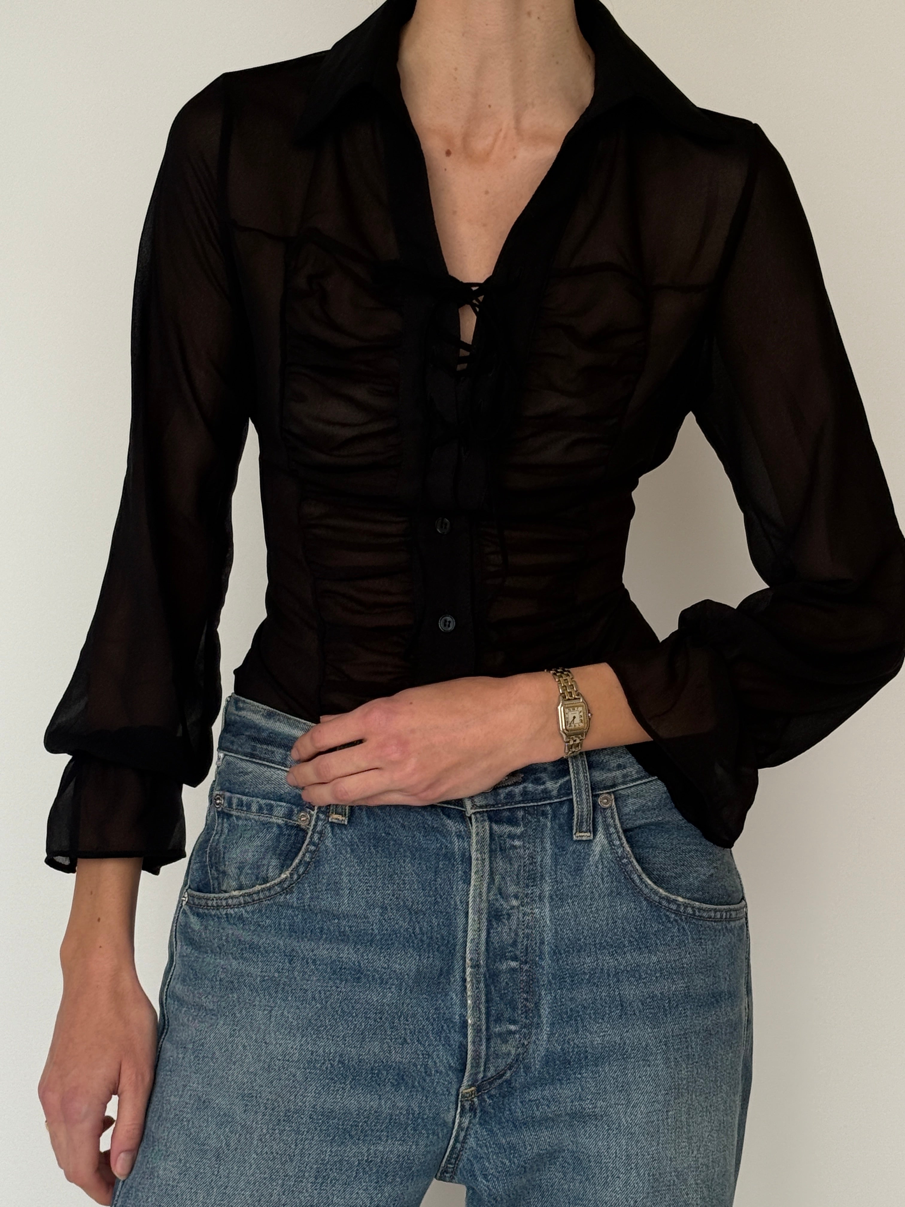Vintage black tie-front sheer blouse detail