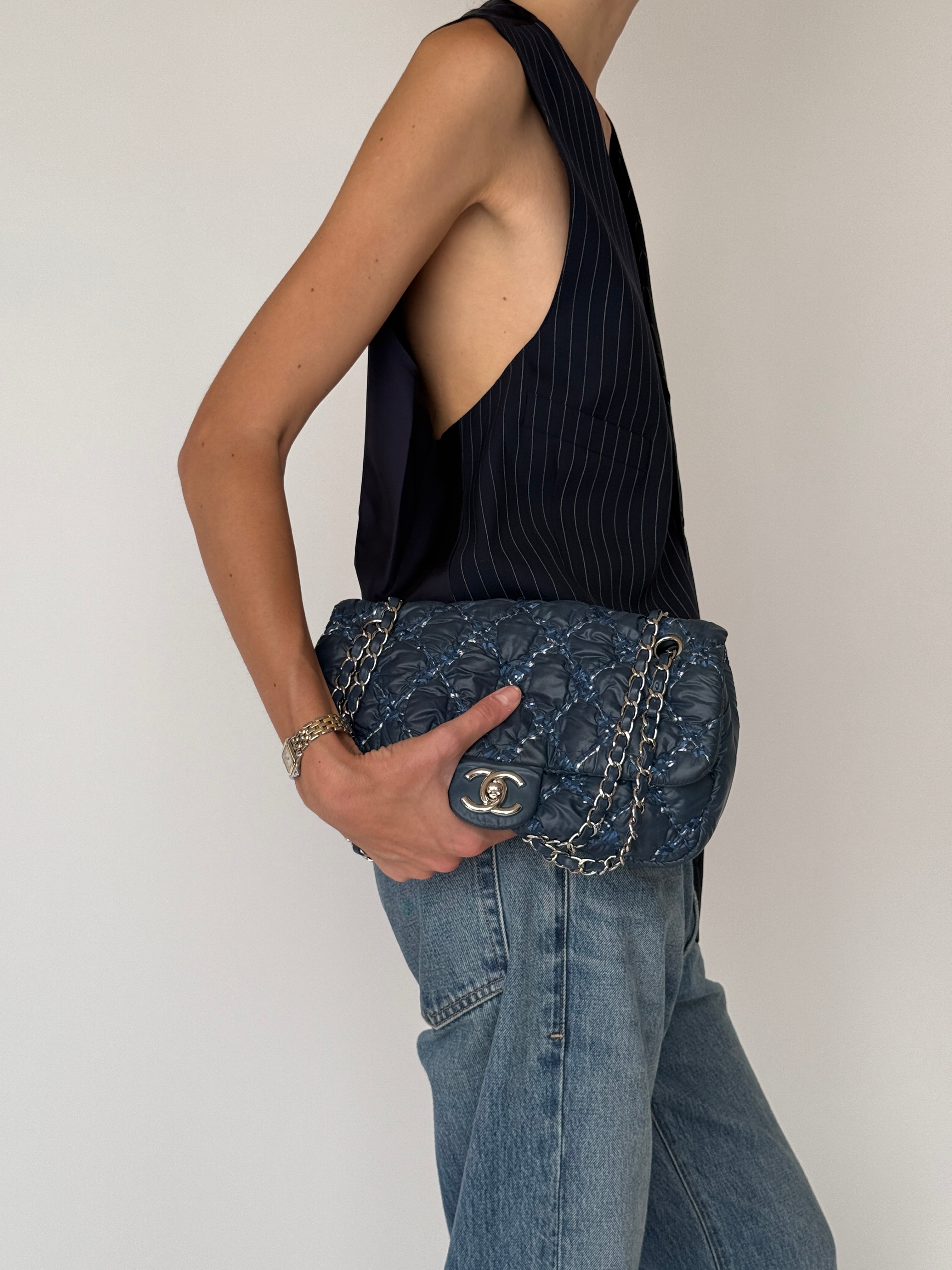 Vintage pinstripe tailored vest top navy side view