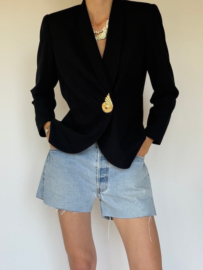 Vintage Tuxedo-Style Blazer with Shell Art Deco Detail 6326