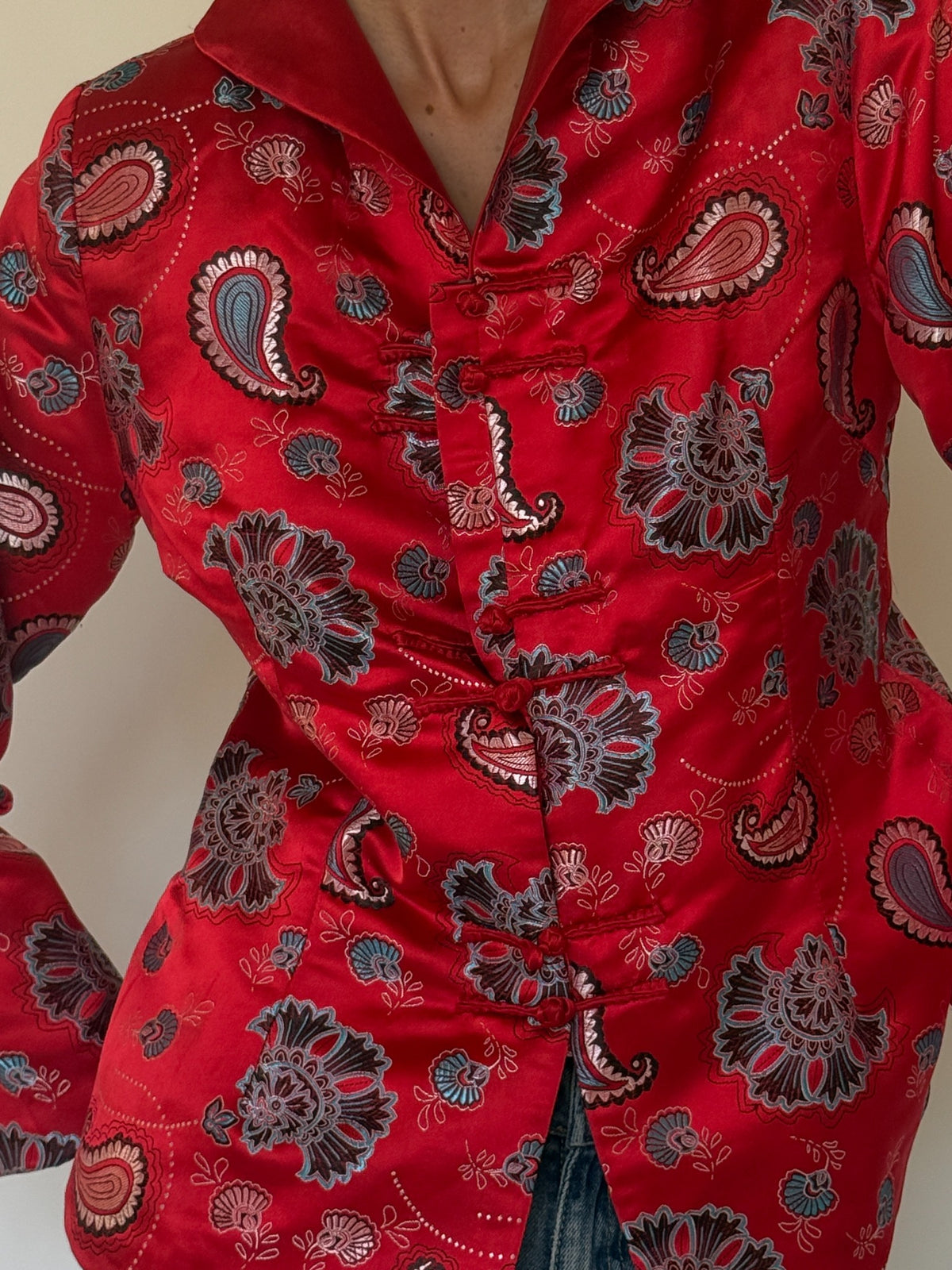Vintage red satin paisley frog closure jacket side view