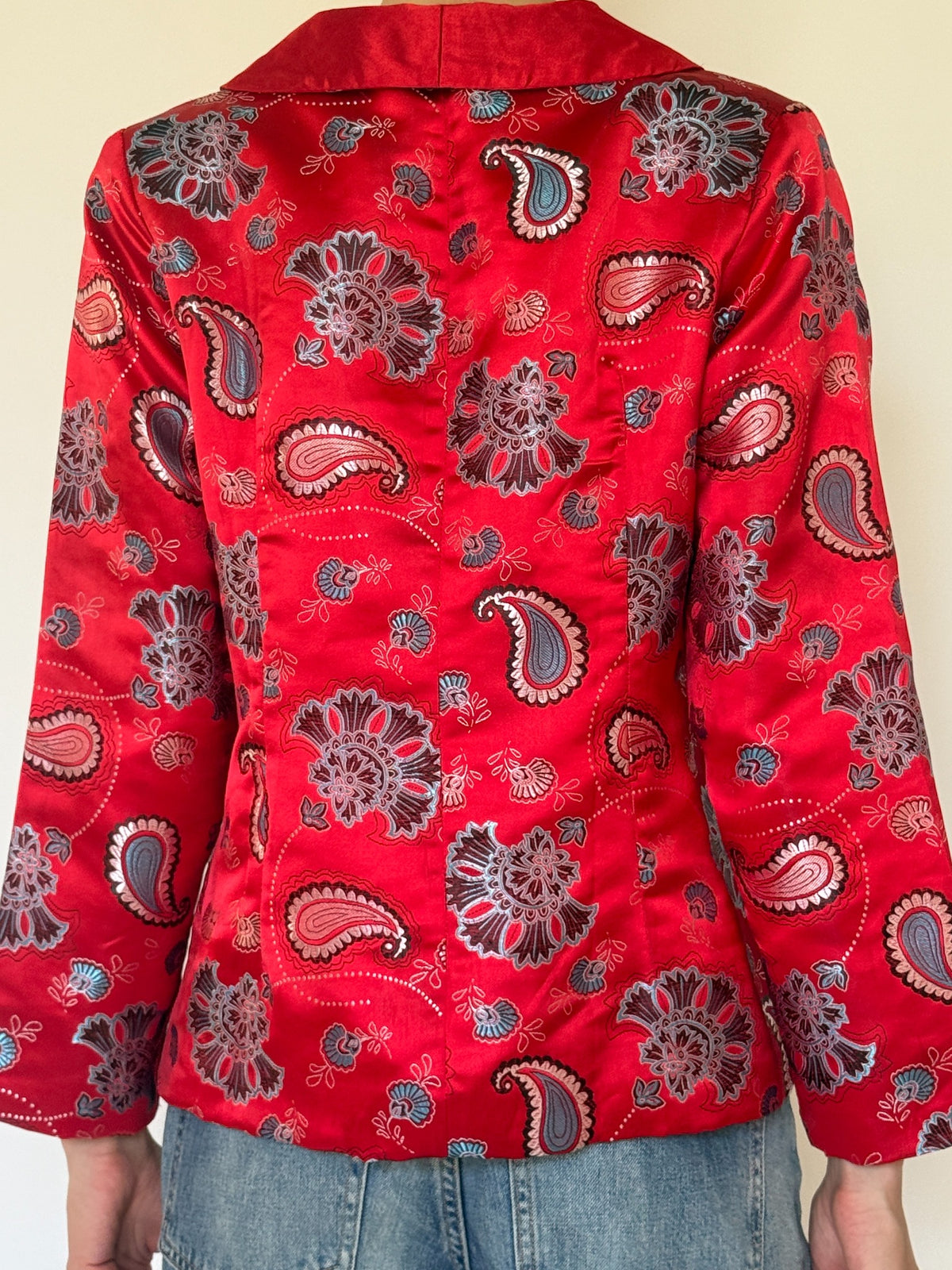 Vintage red satin paisley frog closure jacket back view