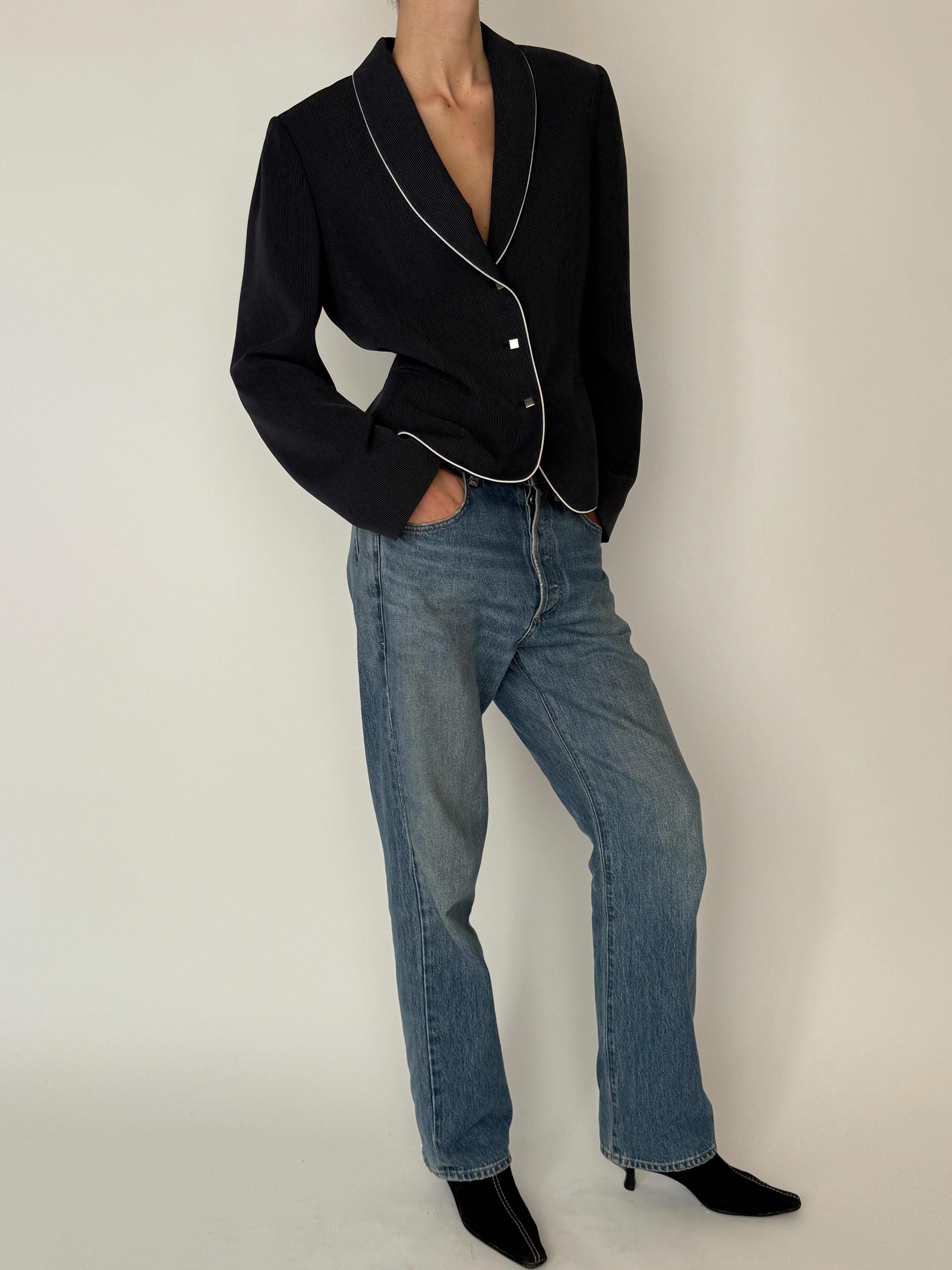 Vintage dark grey piped blazer front view