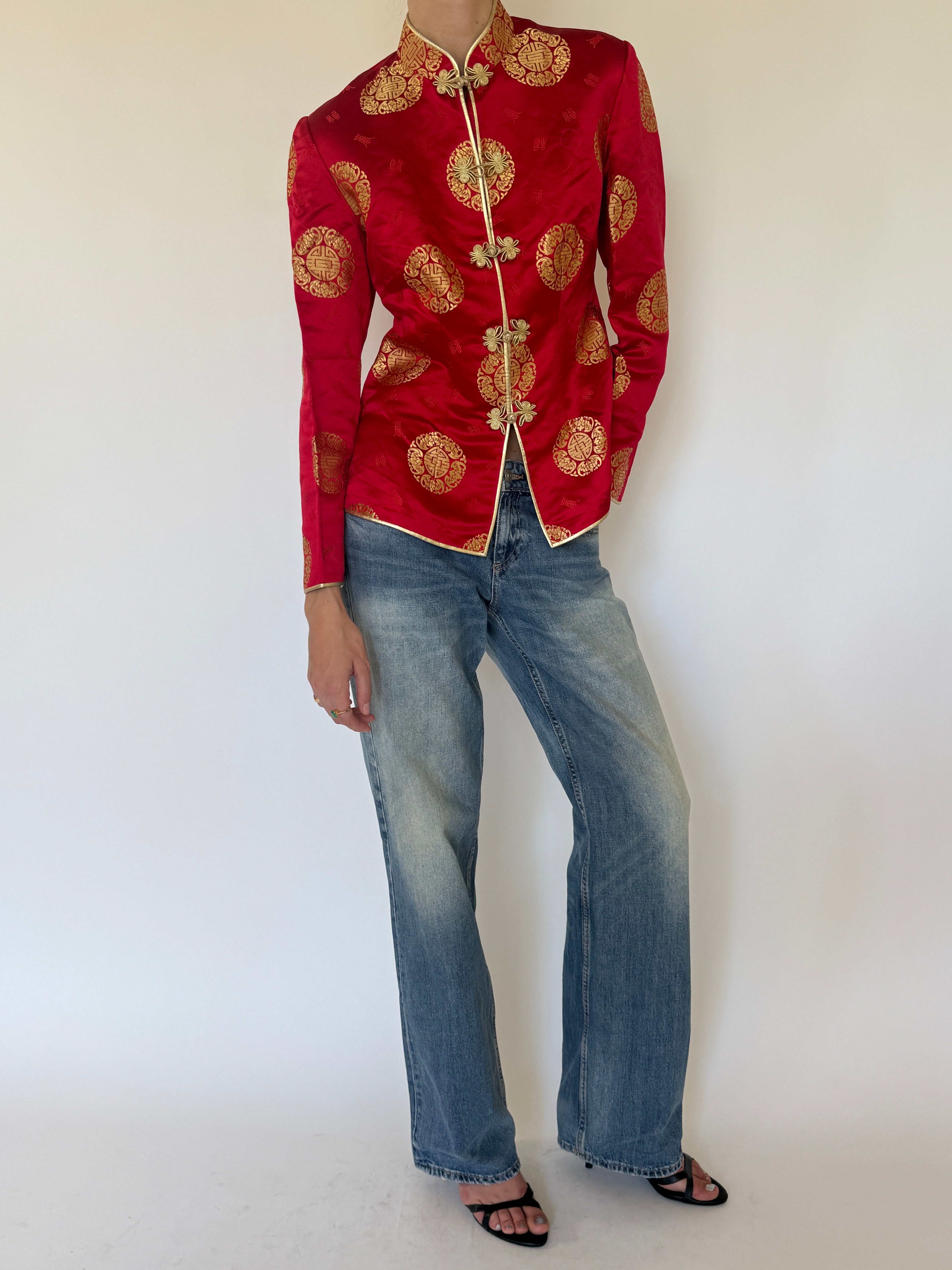 Vintage red brocade jacket front view
