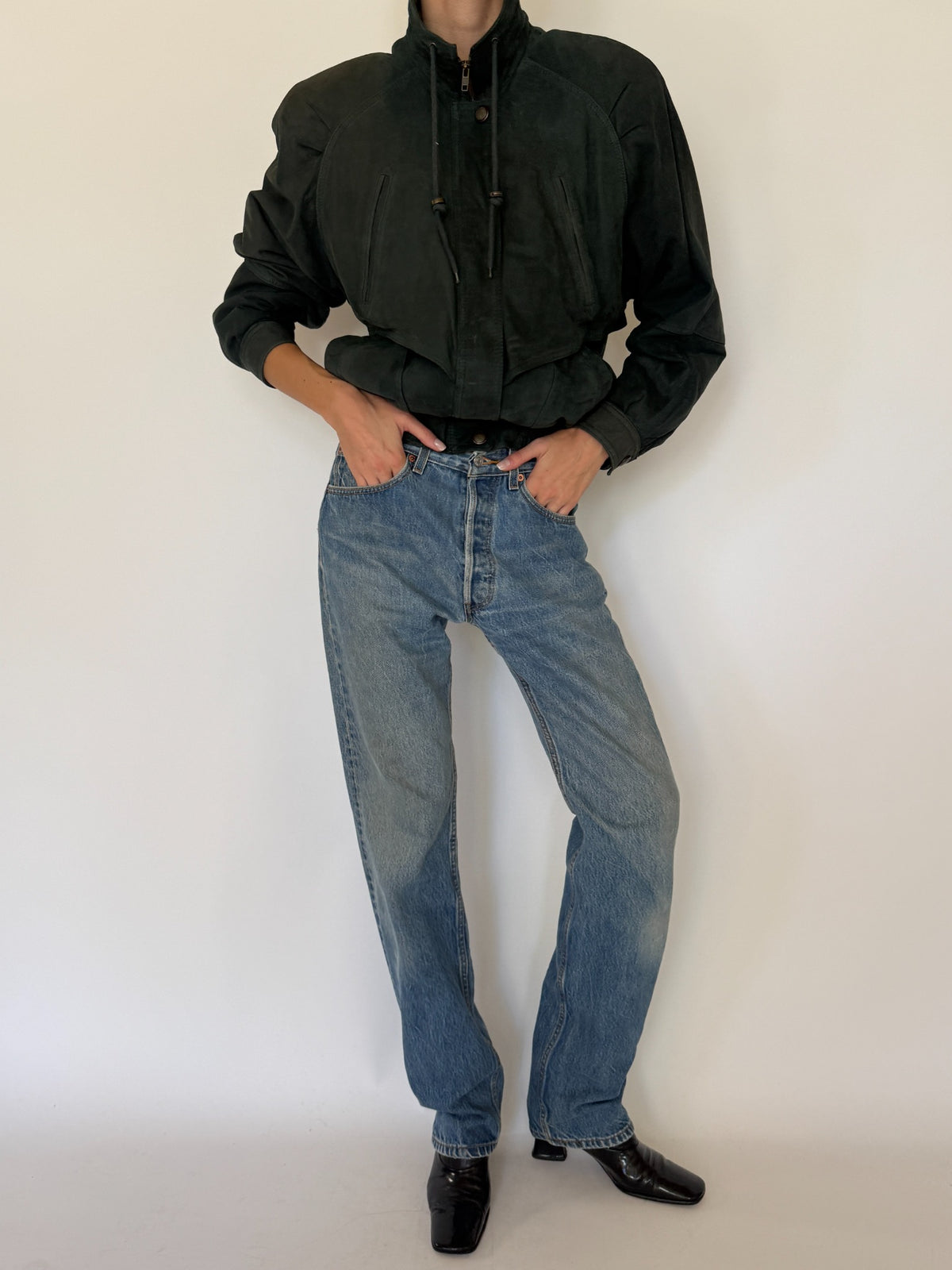 Vintage forest green leather bomber jacket