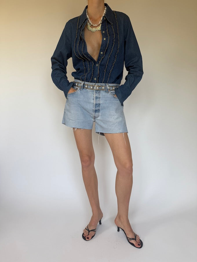 Vintage western-inspired ruffled denim shirt 6336