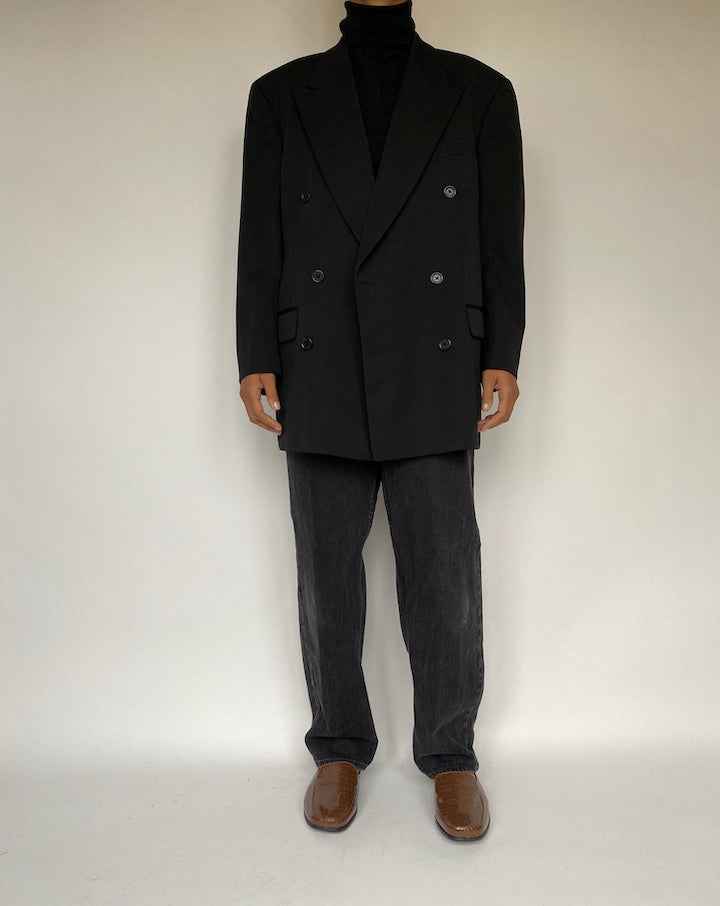 VINTAGE BLACK DOUBLE BREASTED WOOL BLAZER 1636