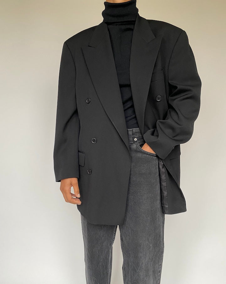 VINTAGE BLACK DOUBLE BREASTED WOOL BLAZER 1636