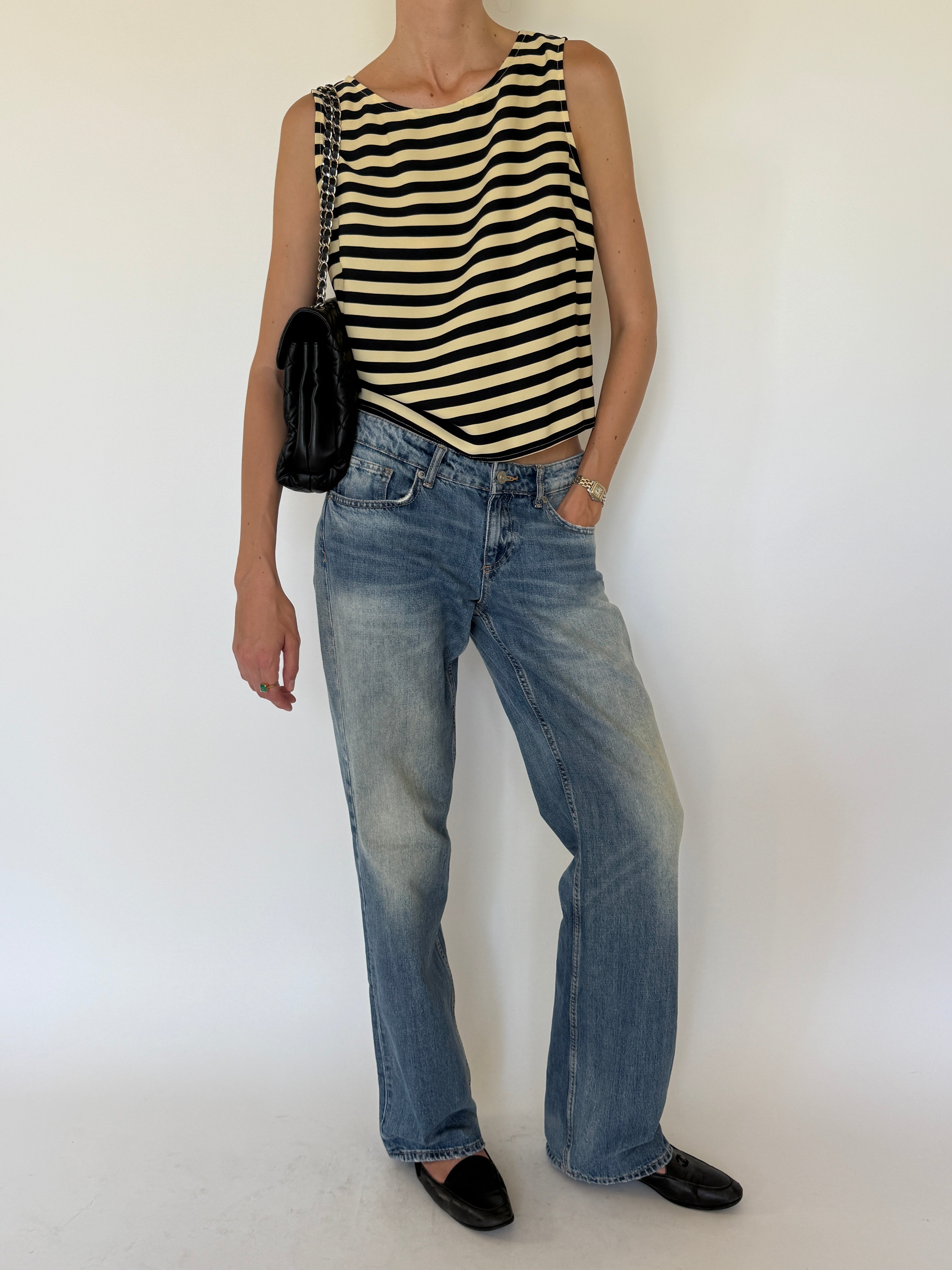 Vintage black and butter yellow striped sleeveless top front view