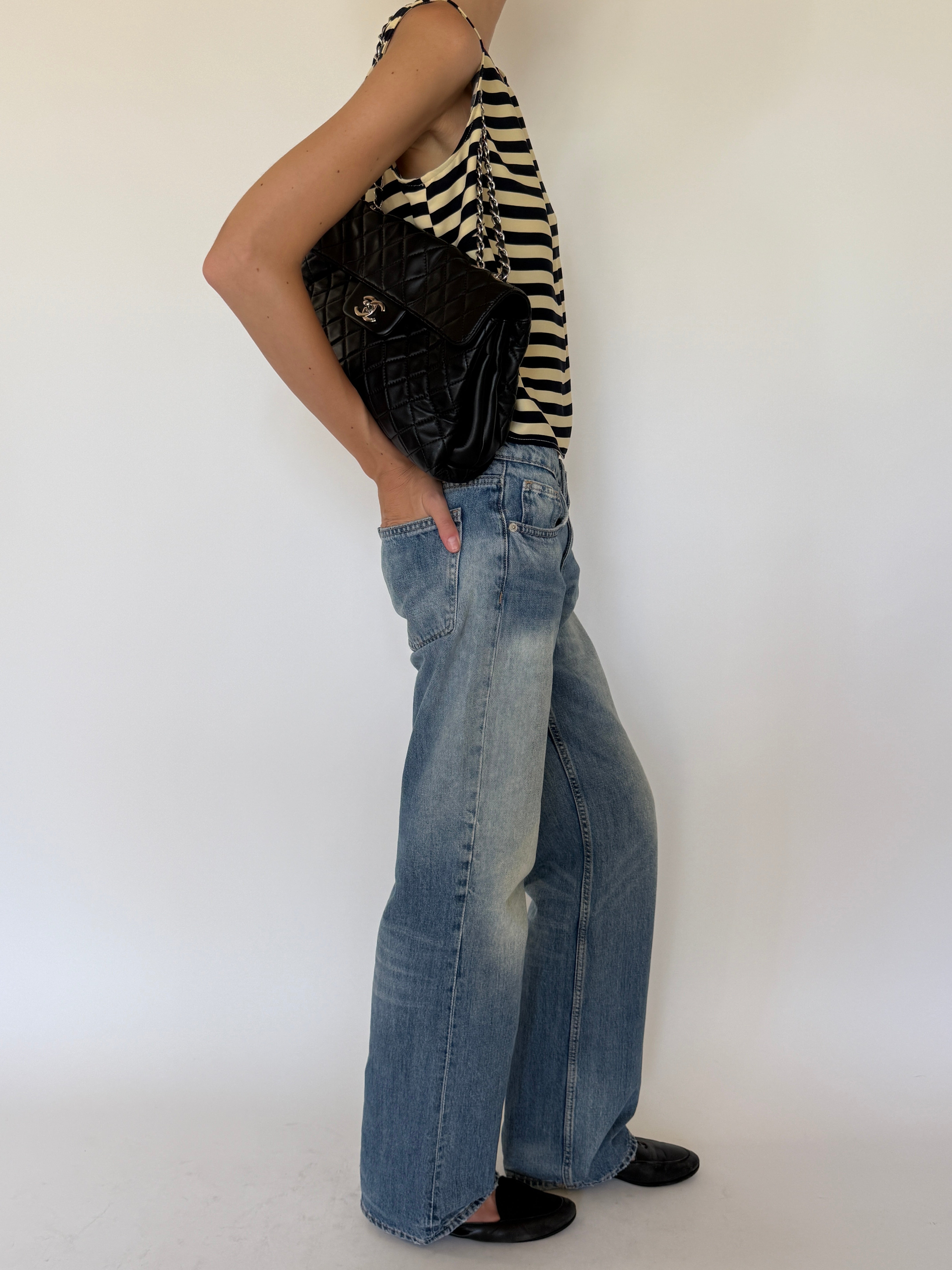 Vintage black and butter yellow striped sleeveless top side view