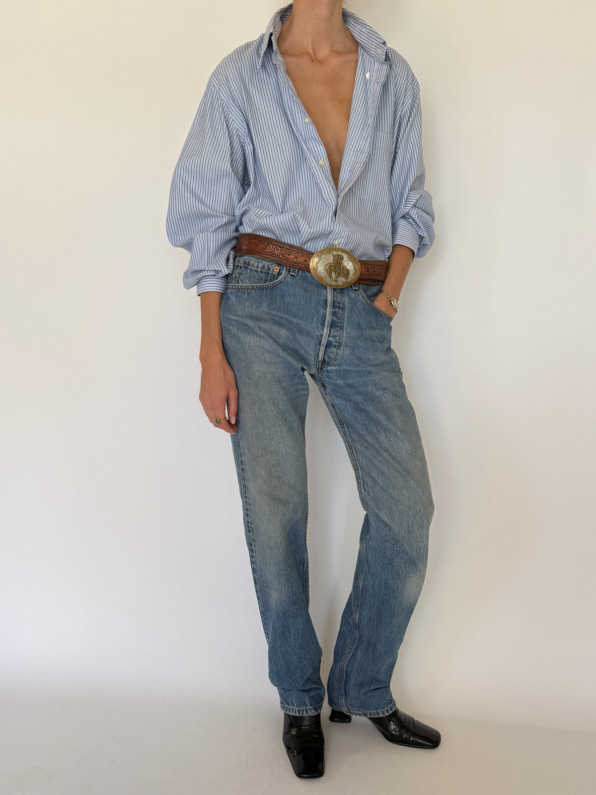 Vintage Oversized Stripe Cotton Shirt Light Blue 7934