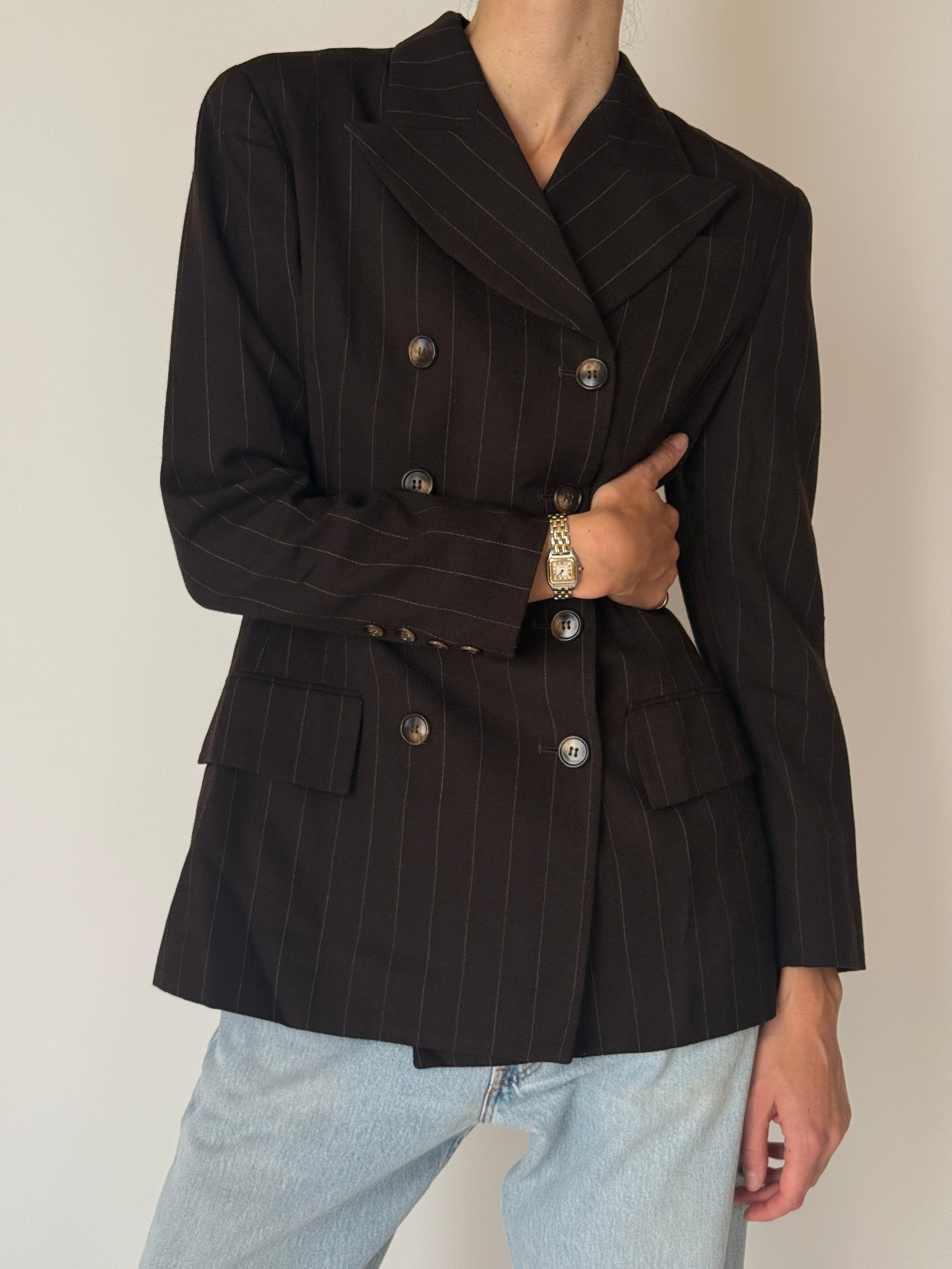 Vintage Tailored Double-Breasted Pinstripe Blazer Brown 6648