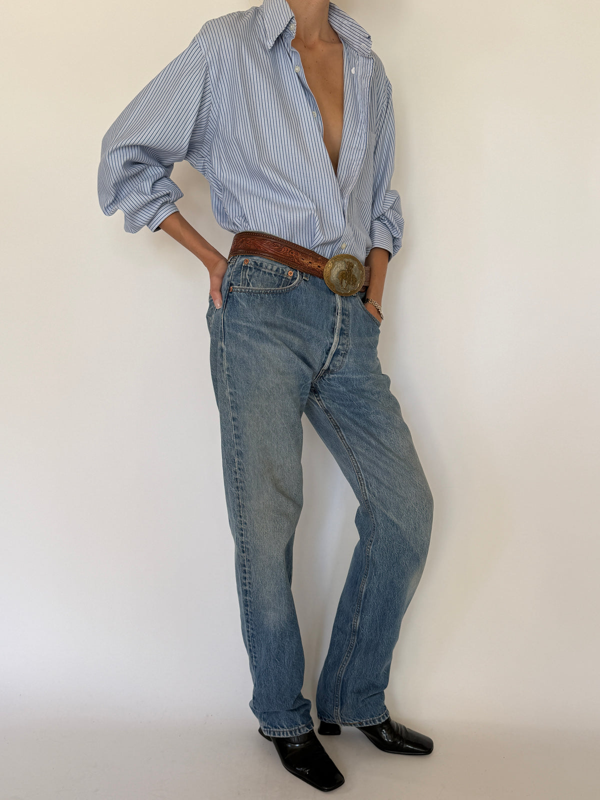 Vintage Oversized Stripe Cotton Shirt Light Blue 7934