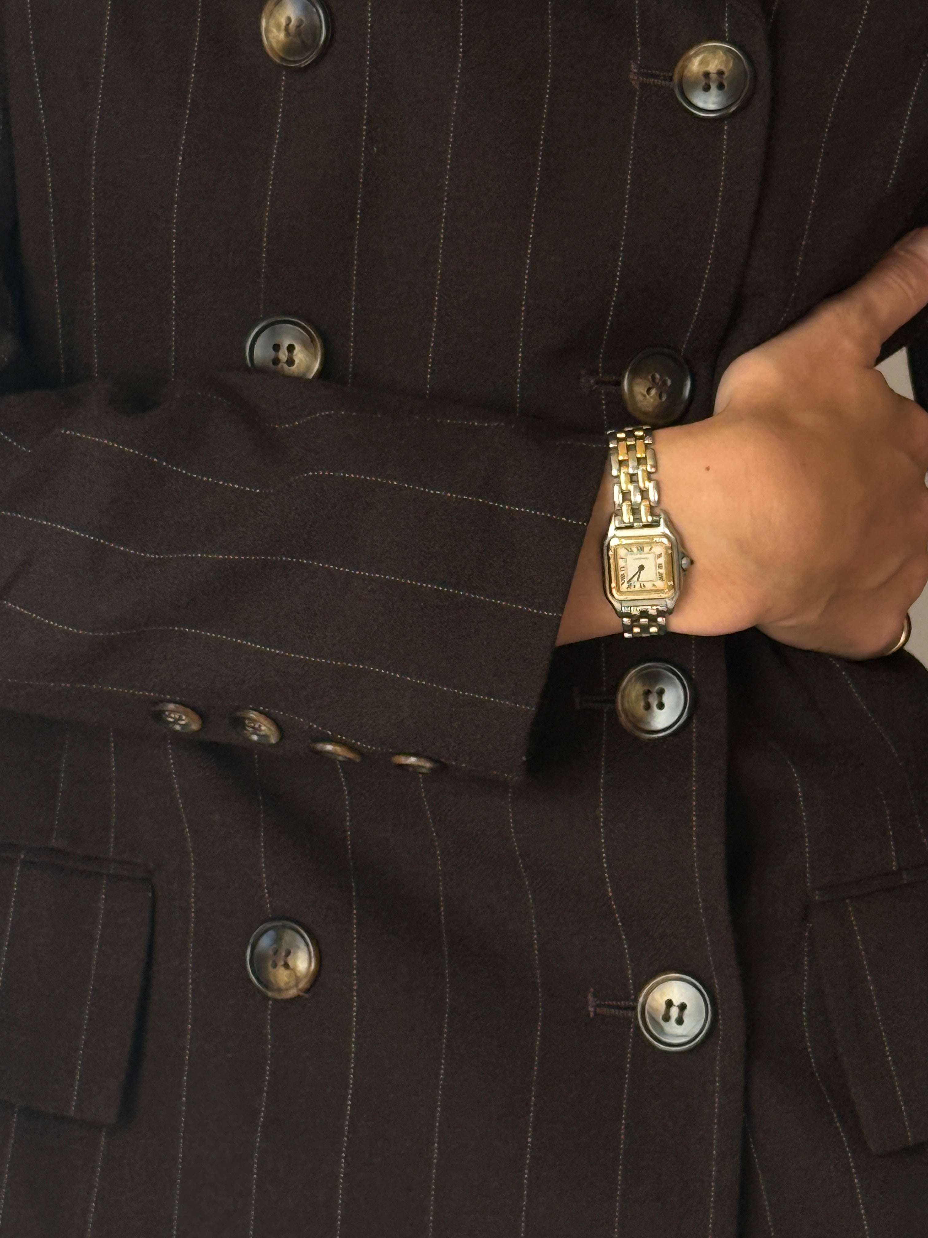 Vintage Tailored Double-Breasted Pinstripe Blazer Brown 6648