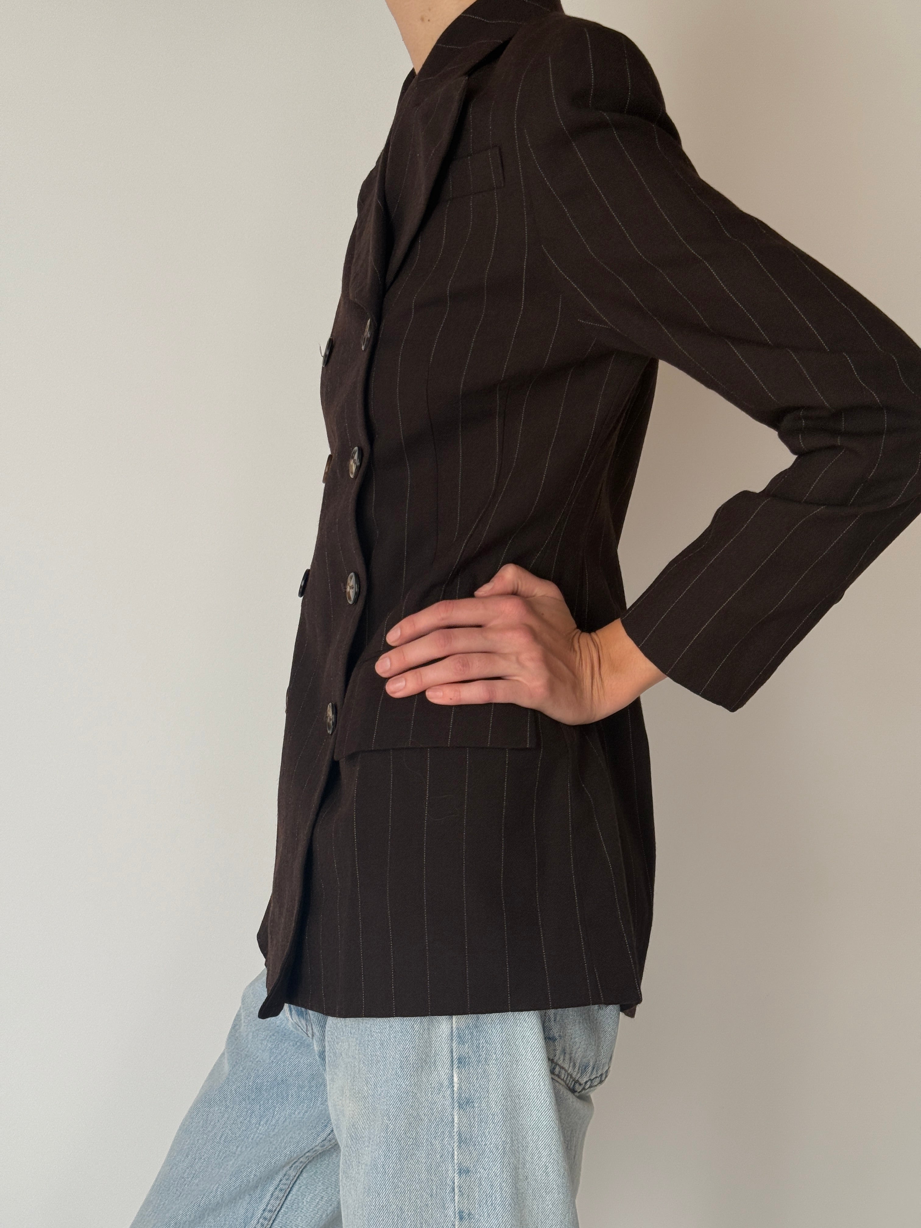 Vintage Tailored Double-Breasted Pinstripe Blazer Brown 6648