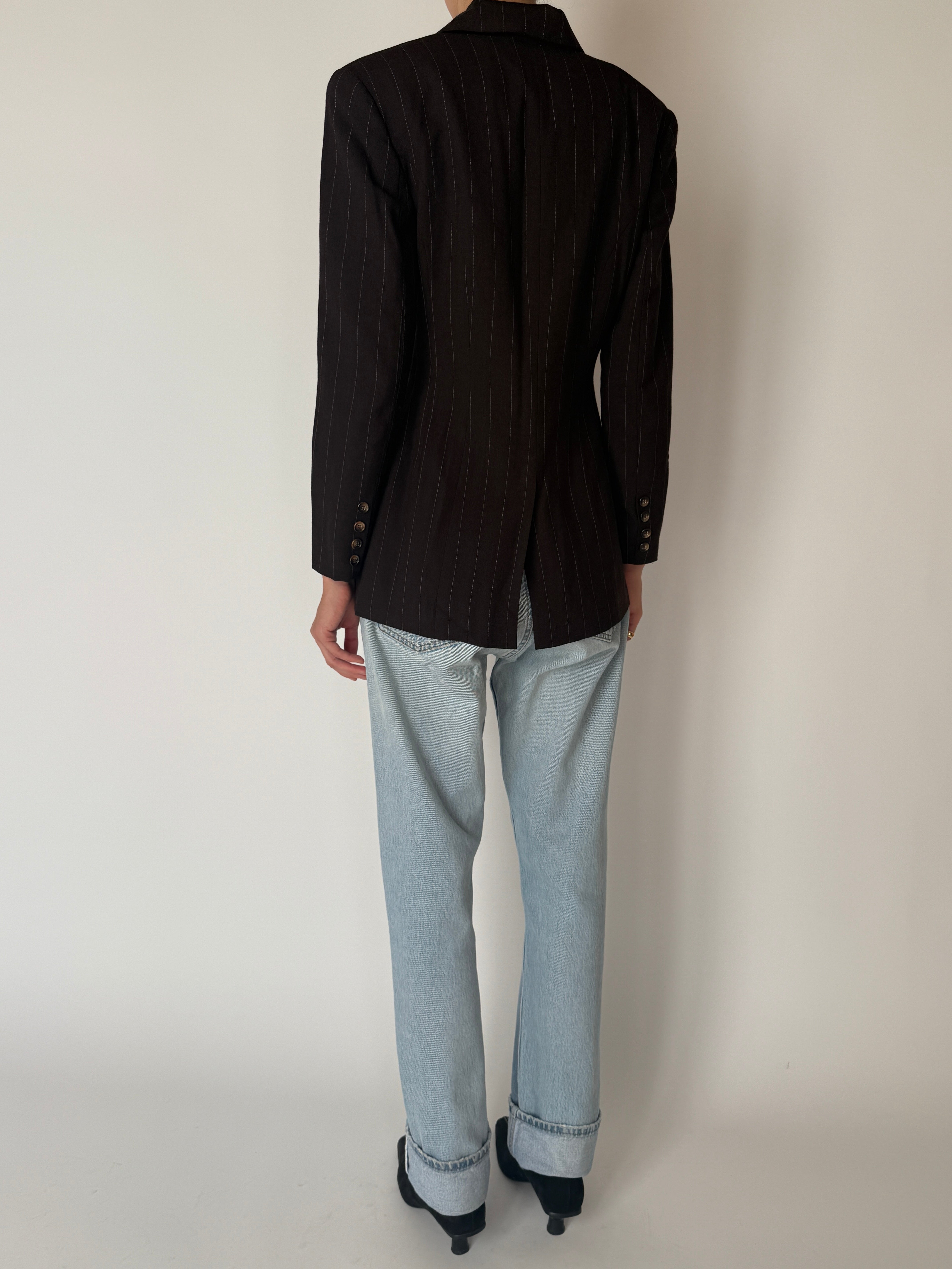 Vintage Tailored Double-Breasted Pinstripe Blazer Brown 6648