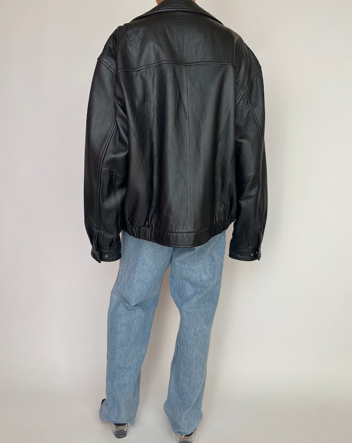VINTAGE OVERSIZED BOXY BLACK LEATHER JACKET 2995