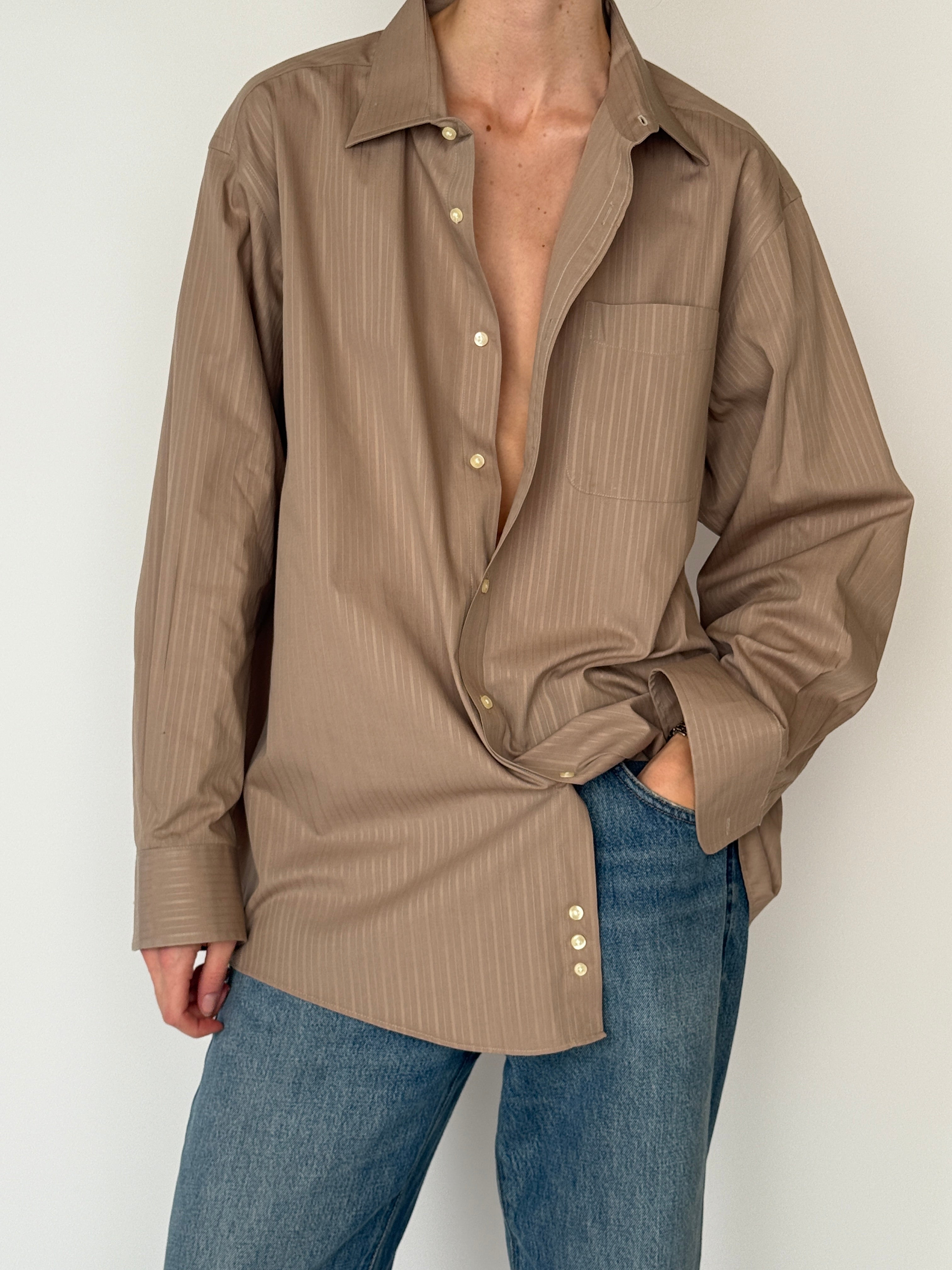 Vintage sheer pinstripe shirt taupe button detail