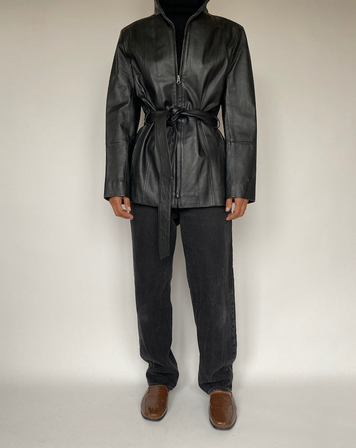 VINTAGE BLACK SHORT LEATHER TRENCH JACKET 1643