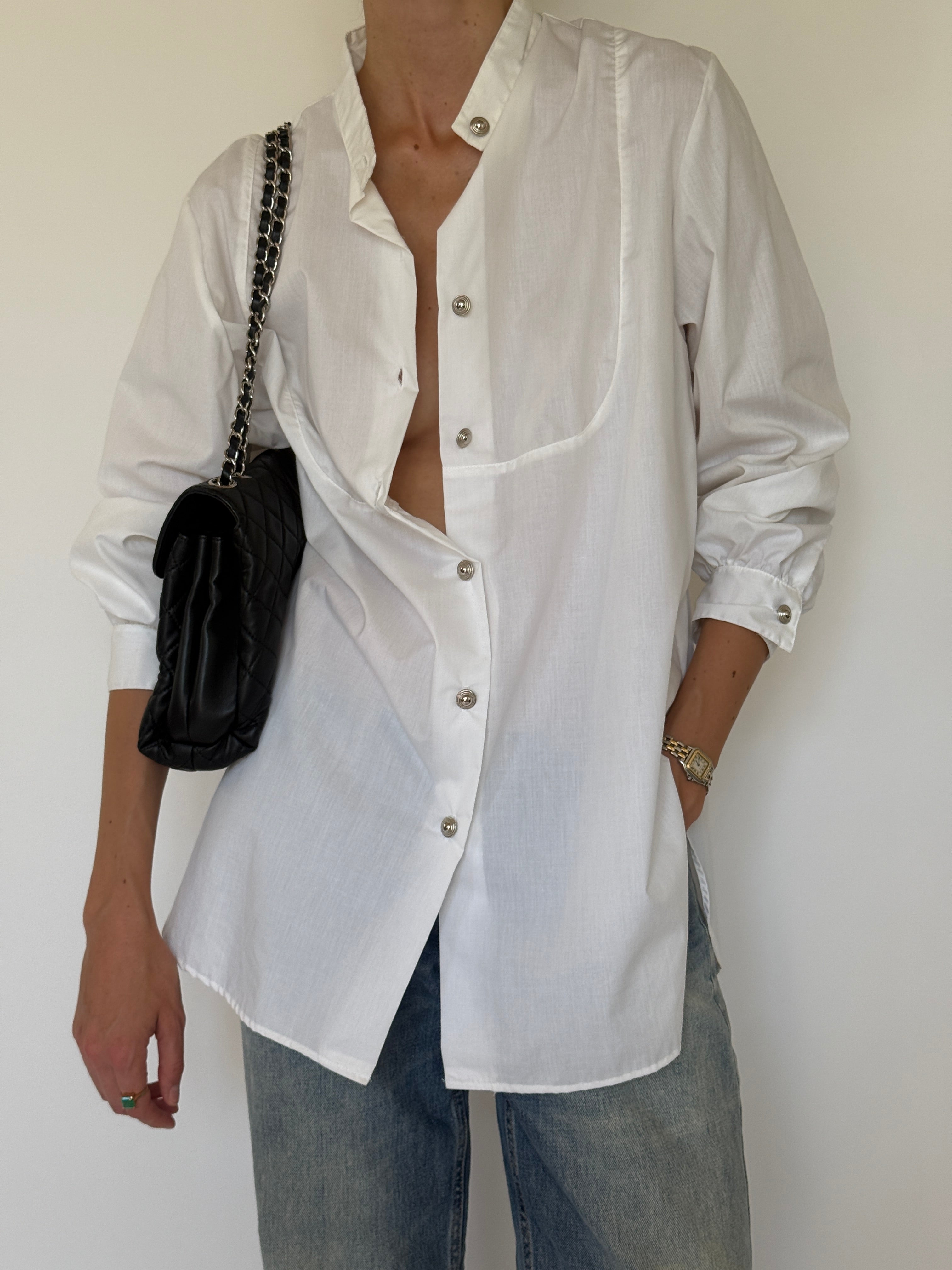 Vintage lightweight white button-up shirt front view
