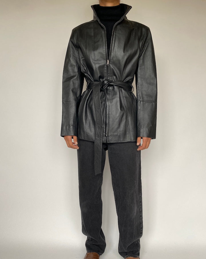 VINTAGE BLACK SHORT LEATHER TRENCH JACKET 1643