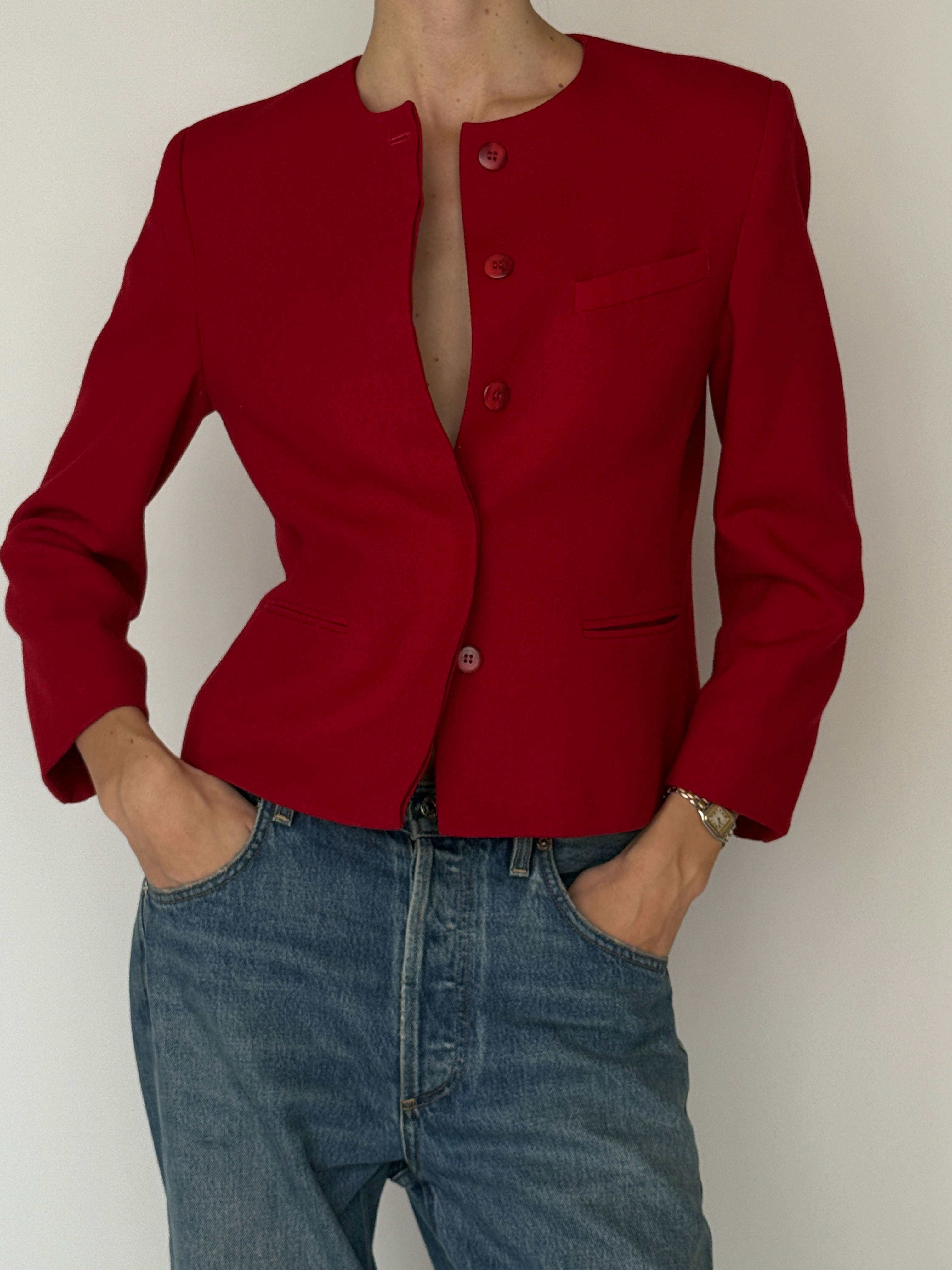 Vintage red tailored collarless blazer front view