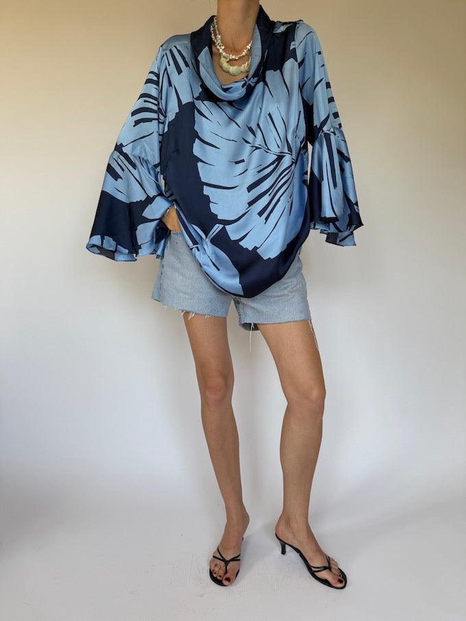 Vintage oversized palm leaf printed top blue 6333