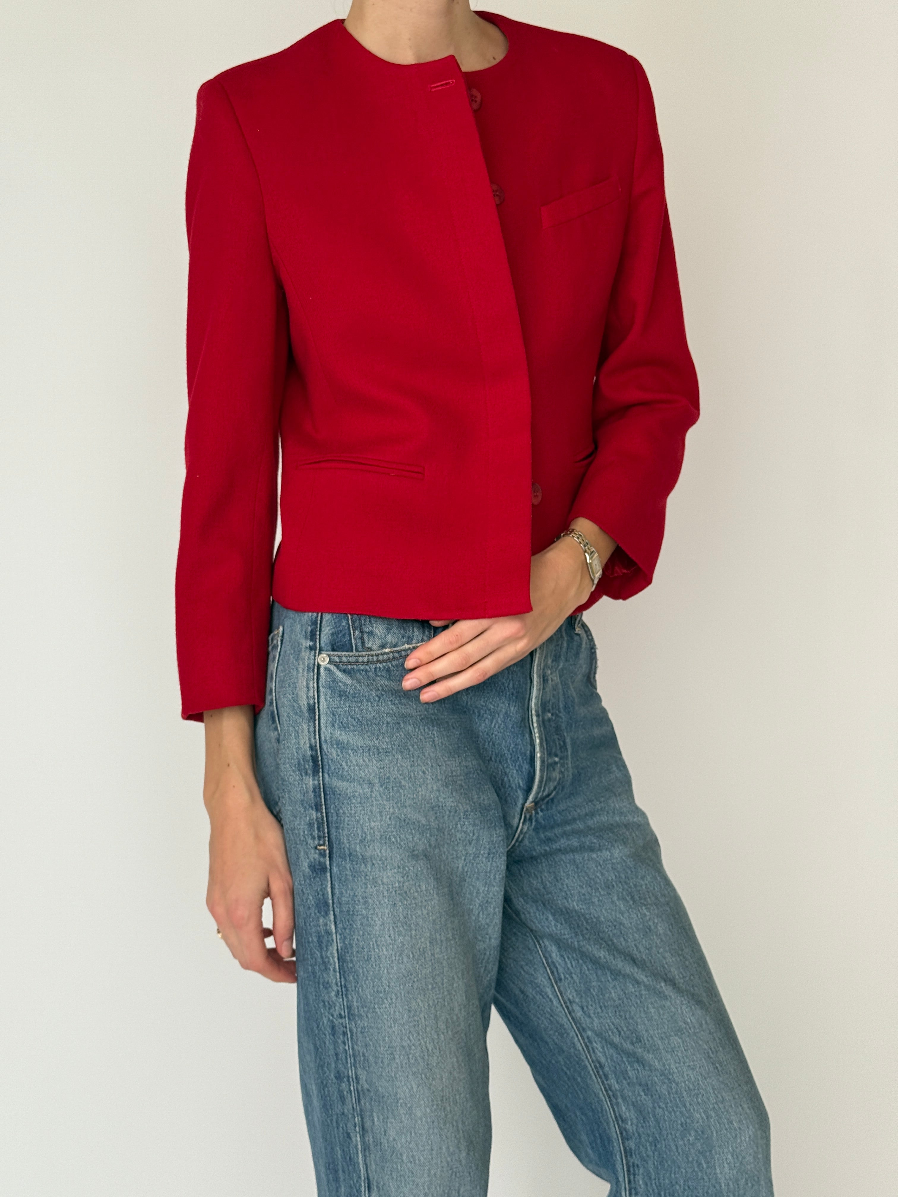 Vintage red wool blend tailored blazer side view