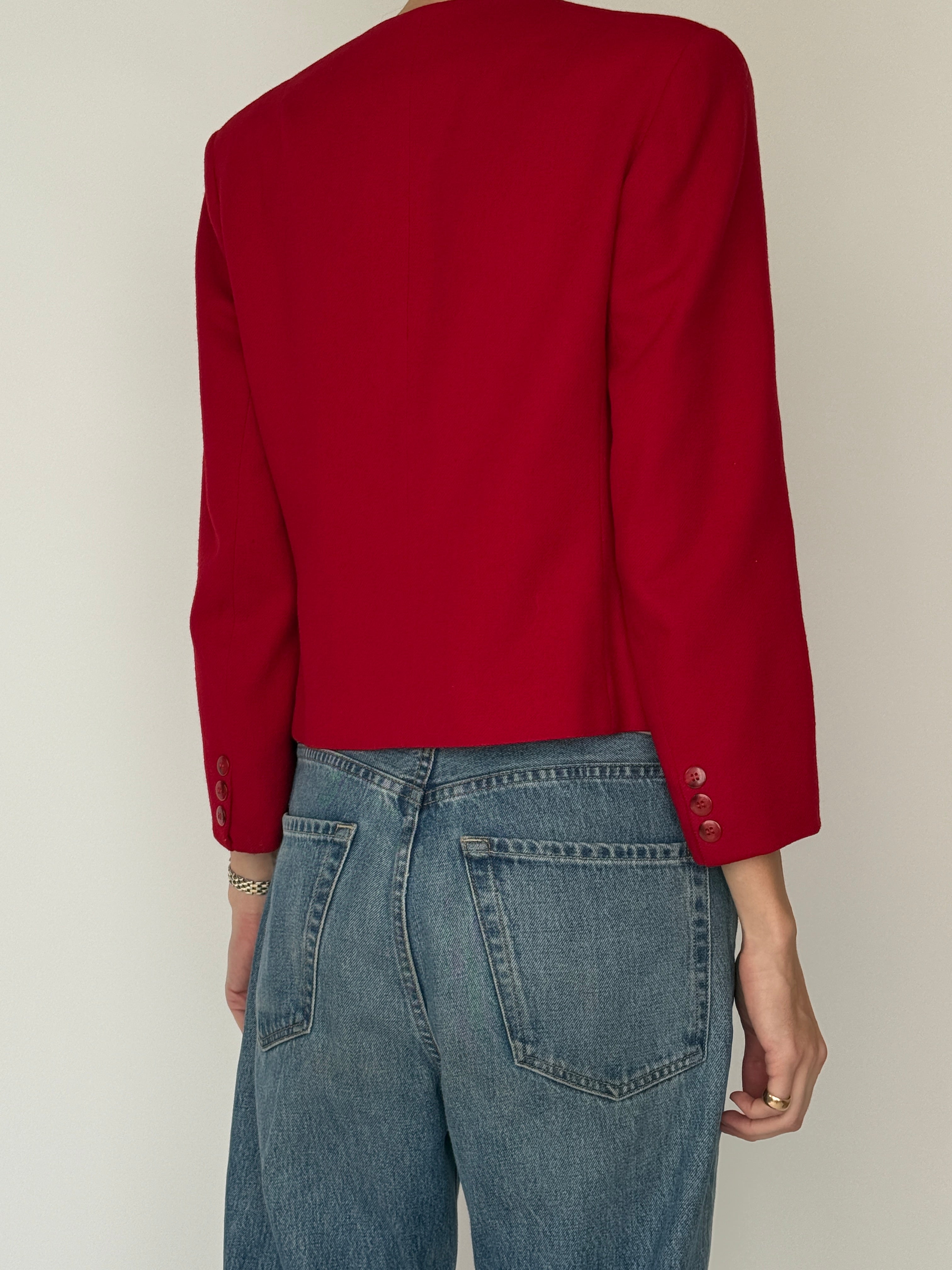 Vintage red collarless blazer back view