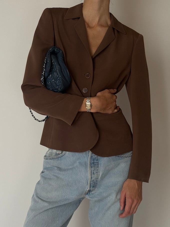 Vintage Tailored Silk Blazer Chocolate Brown