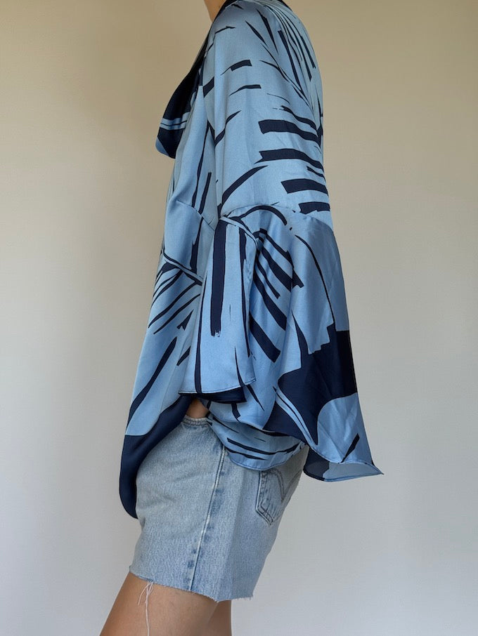 Vintage oversized palm leaf printed top blue 6333