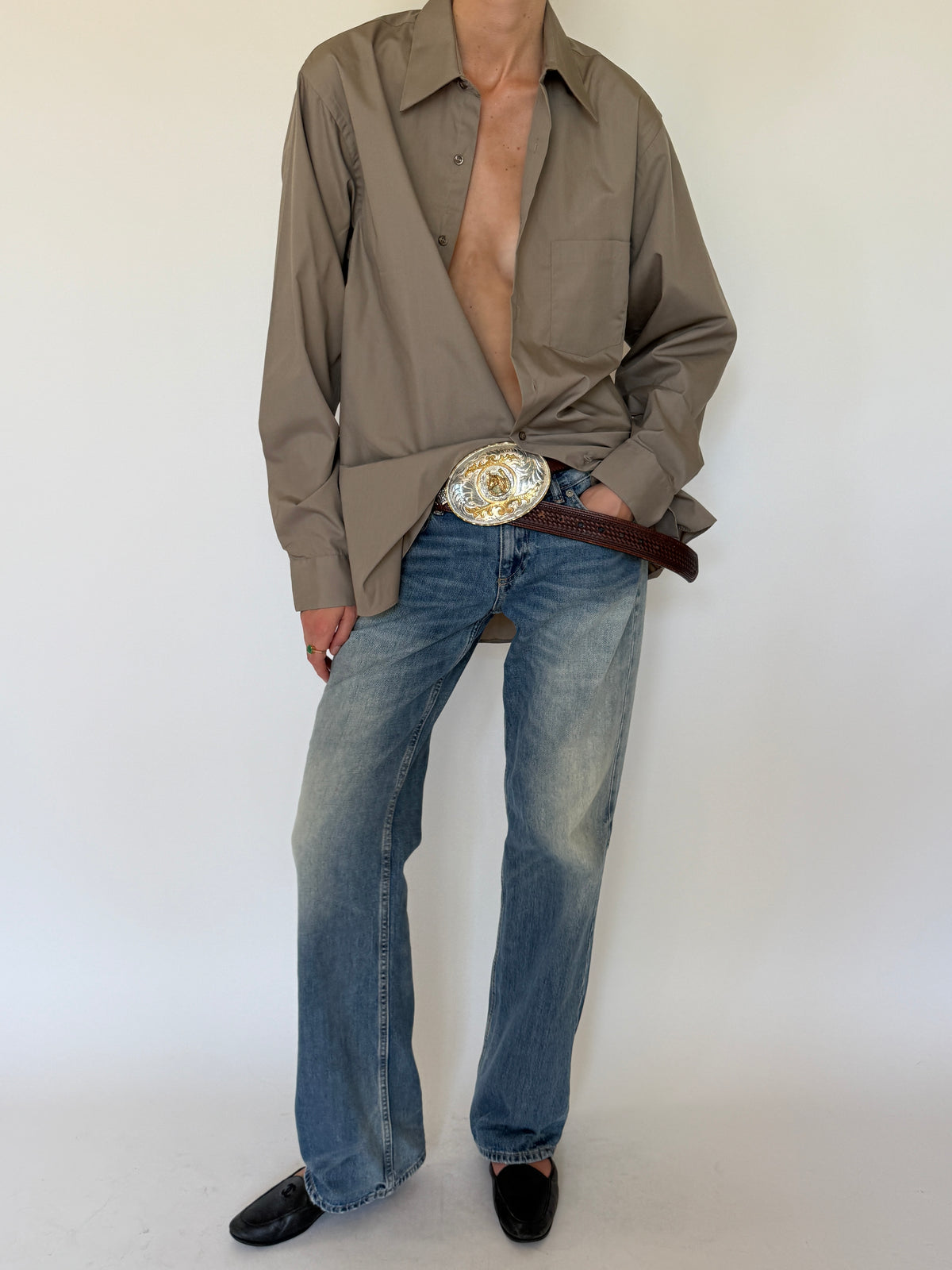 Vintage taupe cotton blend shirt fabric close-up