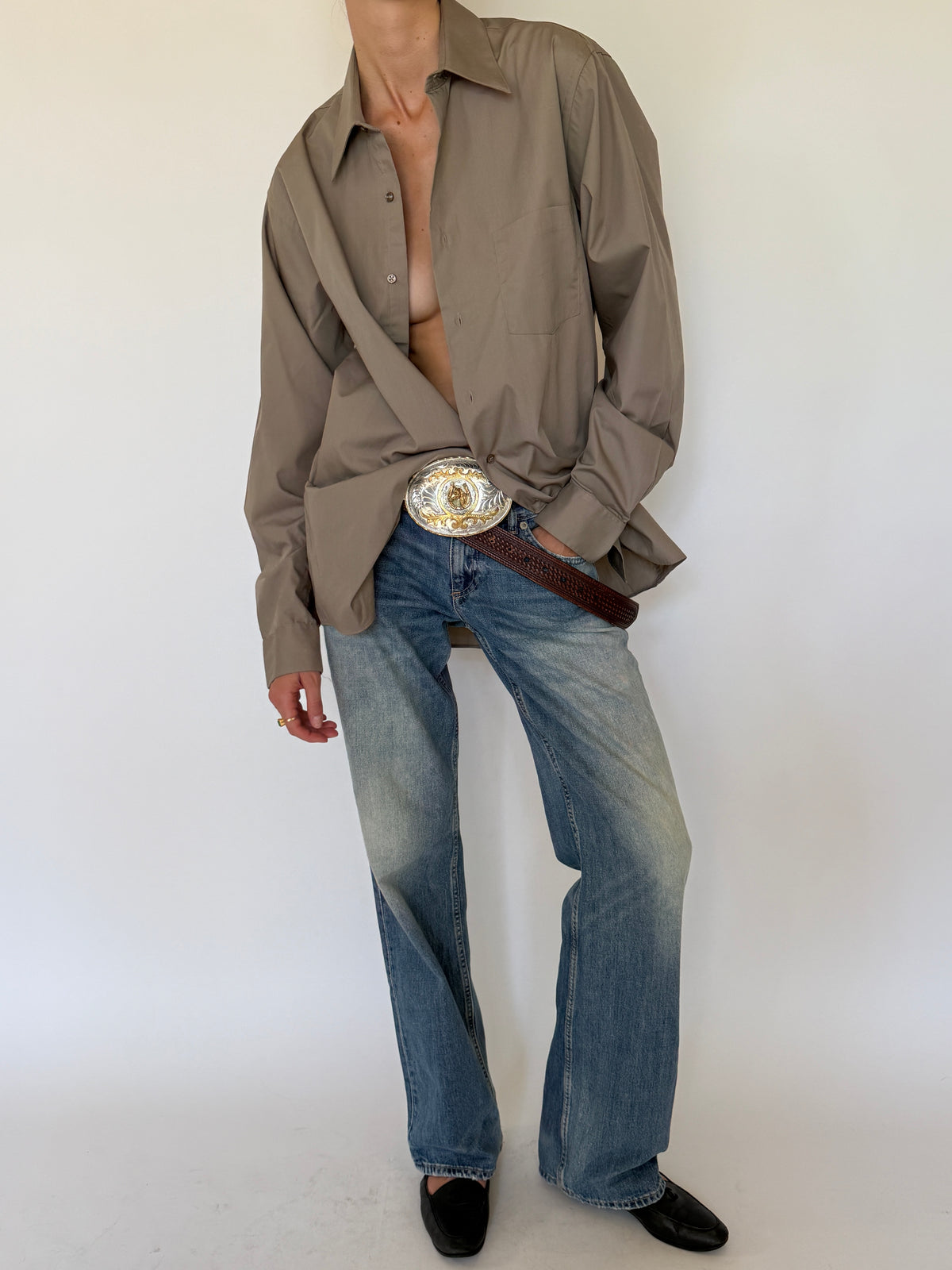 Vintage oversized cotton blend shirt taupe front view