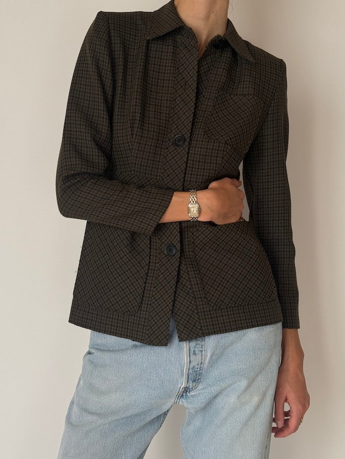 Vintage Micro-Check Fitted Blazer Jacket Brown 6651