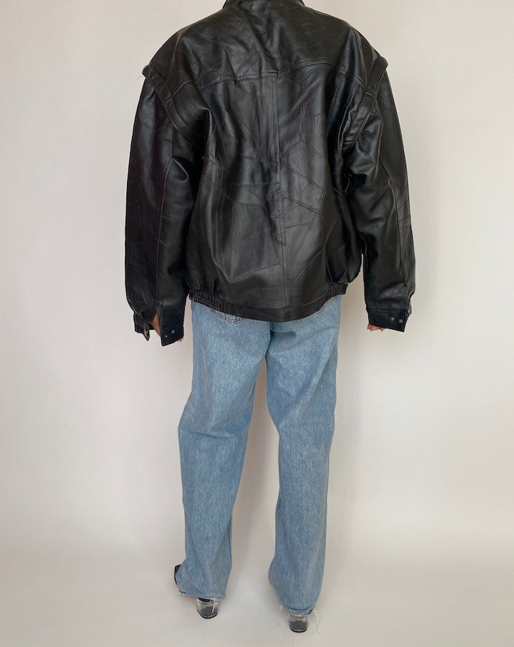 VINTAGE OVERSIZED BOXY BLACK LEATHER JACKET 3003