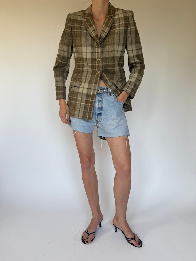 Vintage Olive & Beige Plaid Wool Blazer 6340