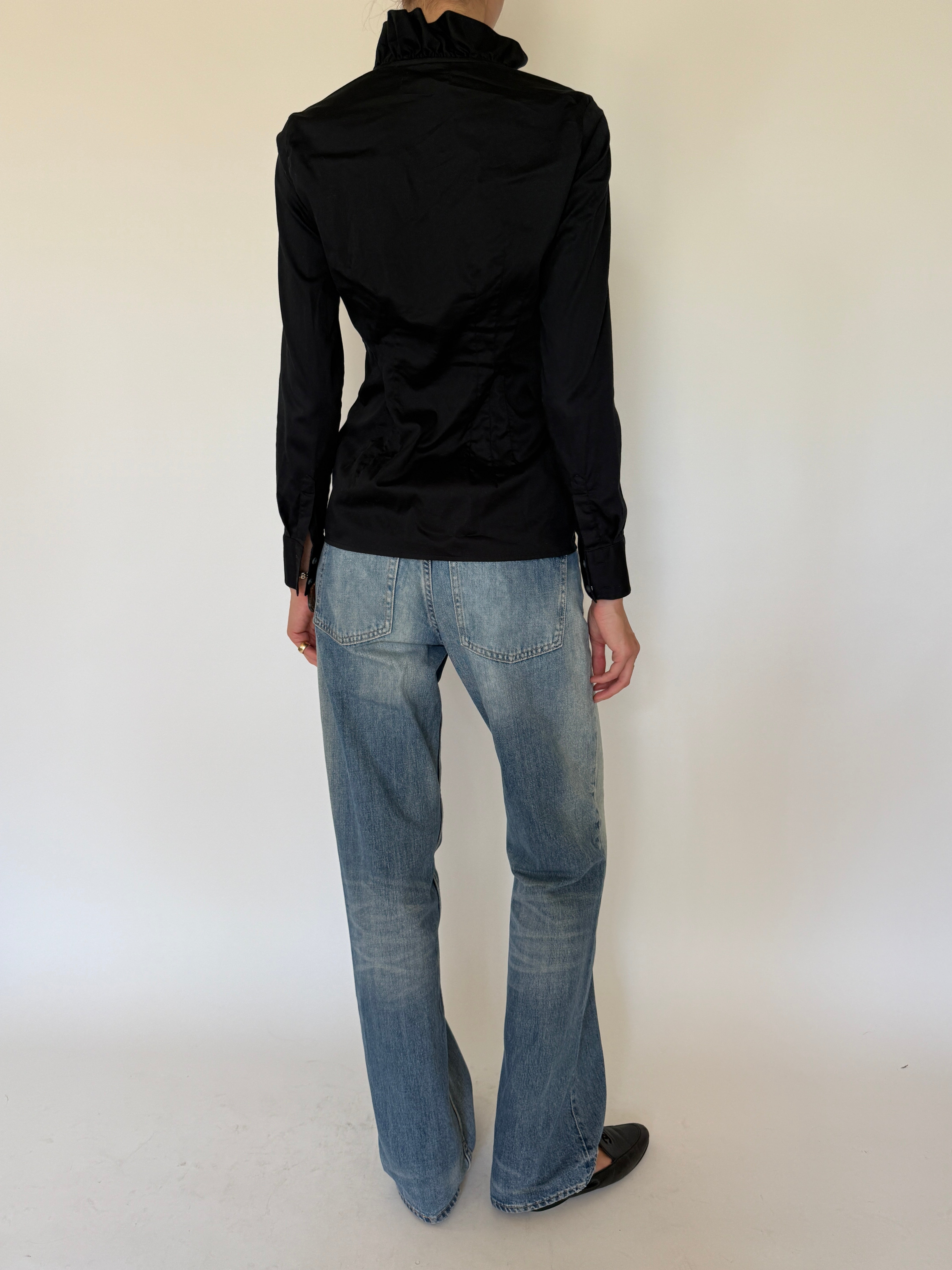 Vintage black ruffle collar button-up blouse back view
