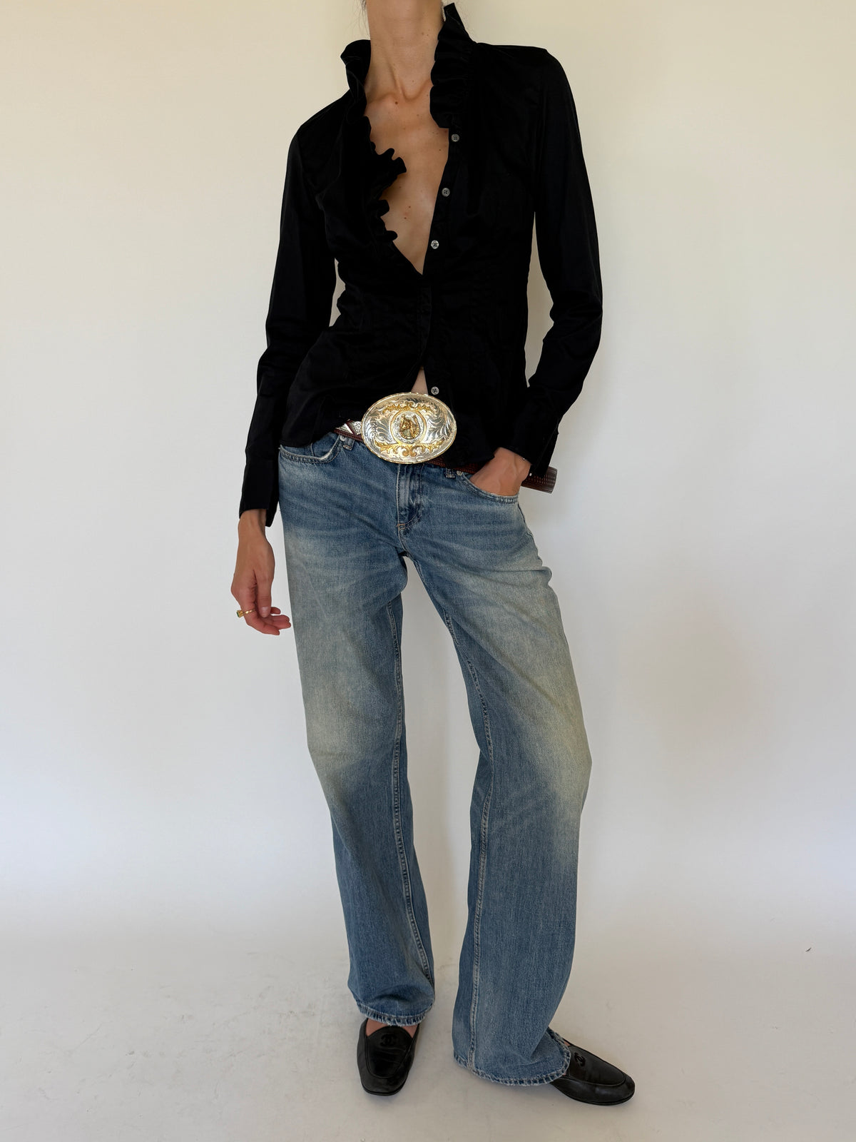Vintage black ruffle collar button-up blouse front view