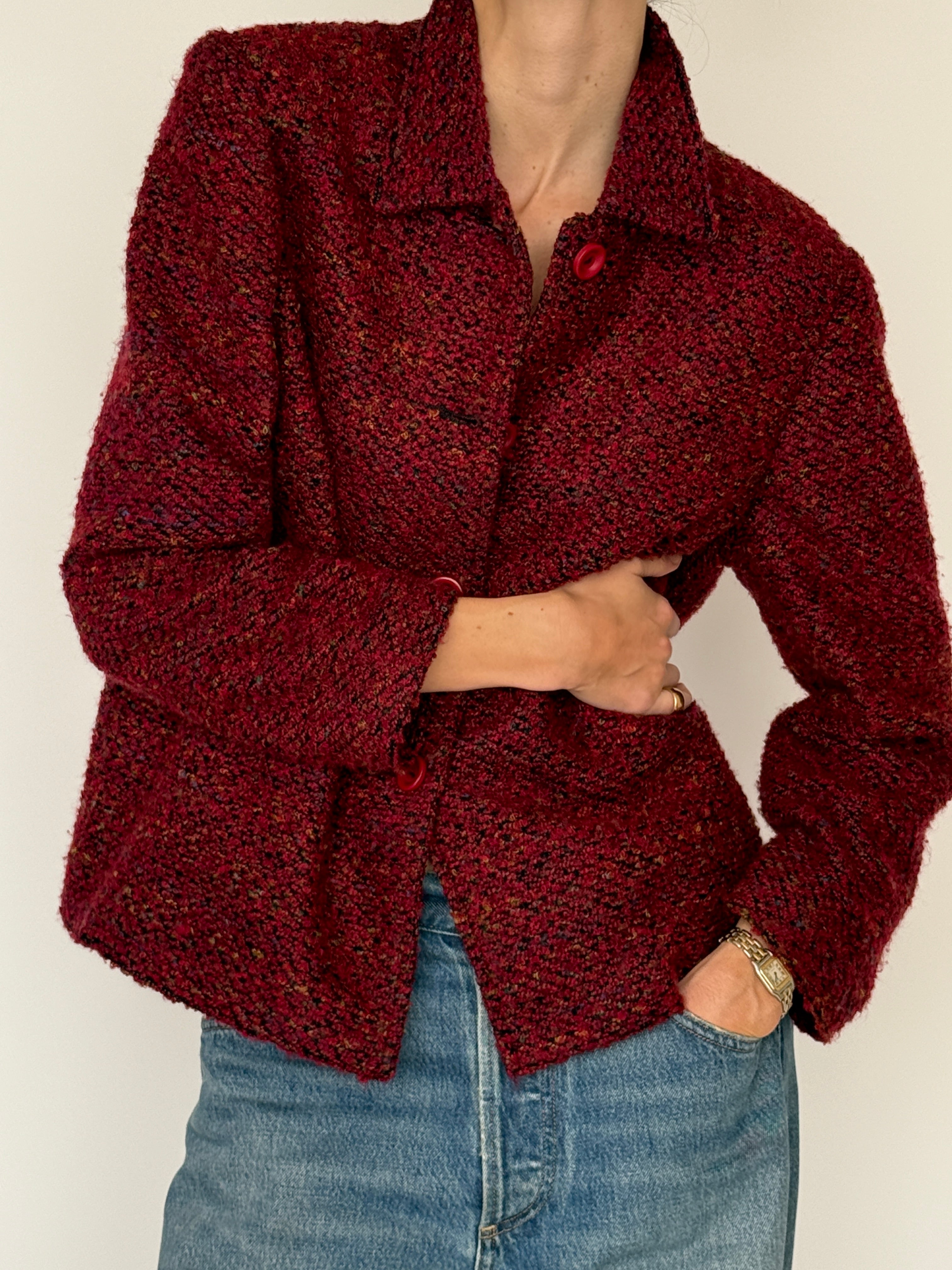 Vintage bouclé jacket burgundy button detail