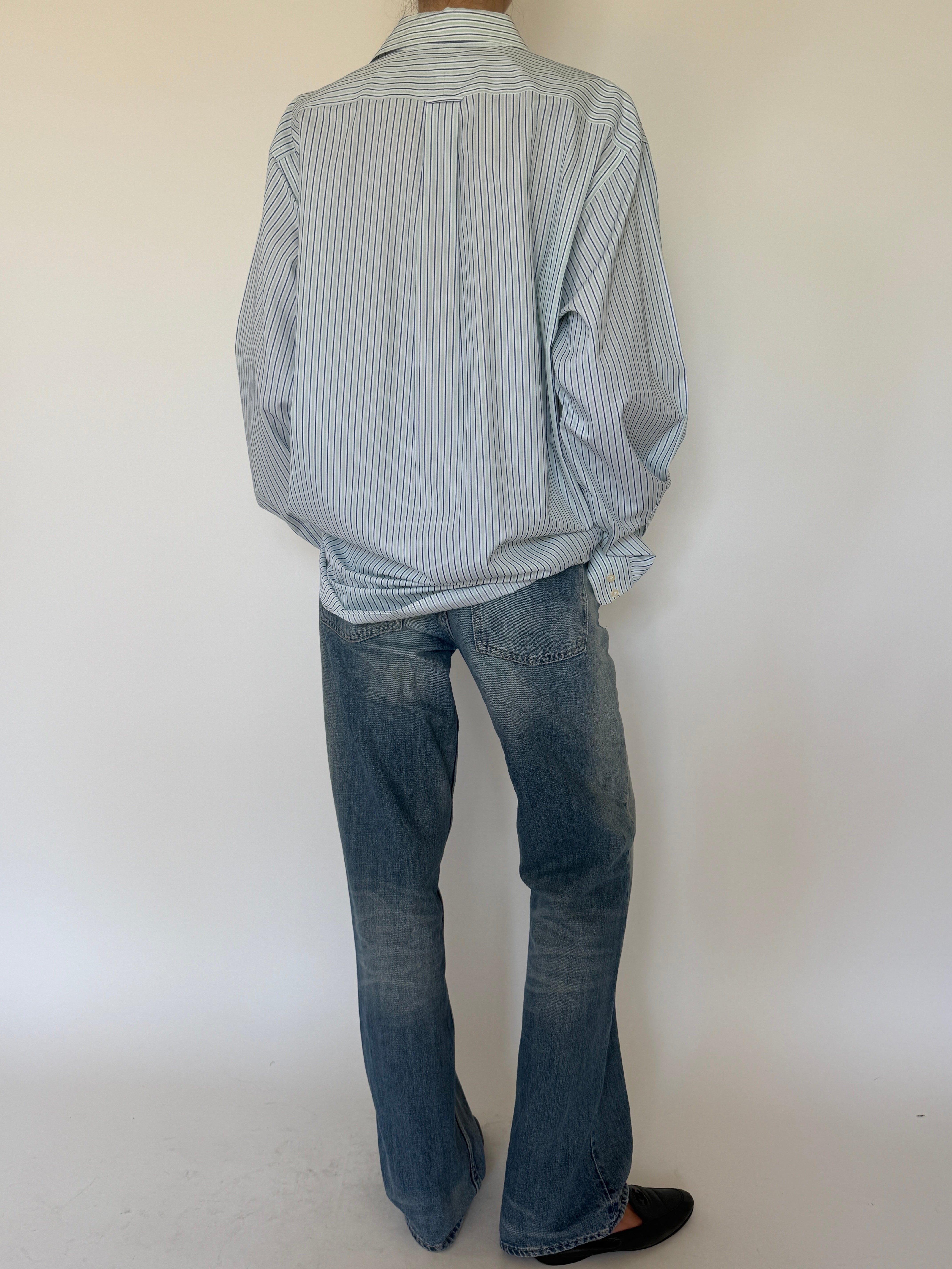 Vintage blue and white striped oversized shirt back view