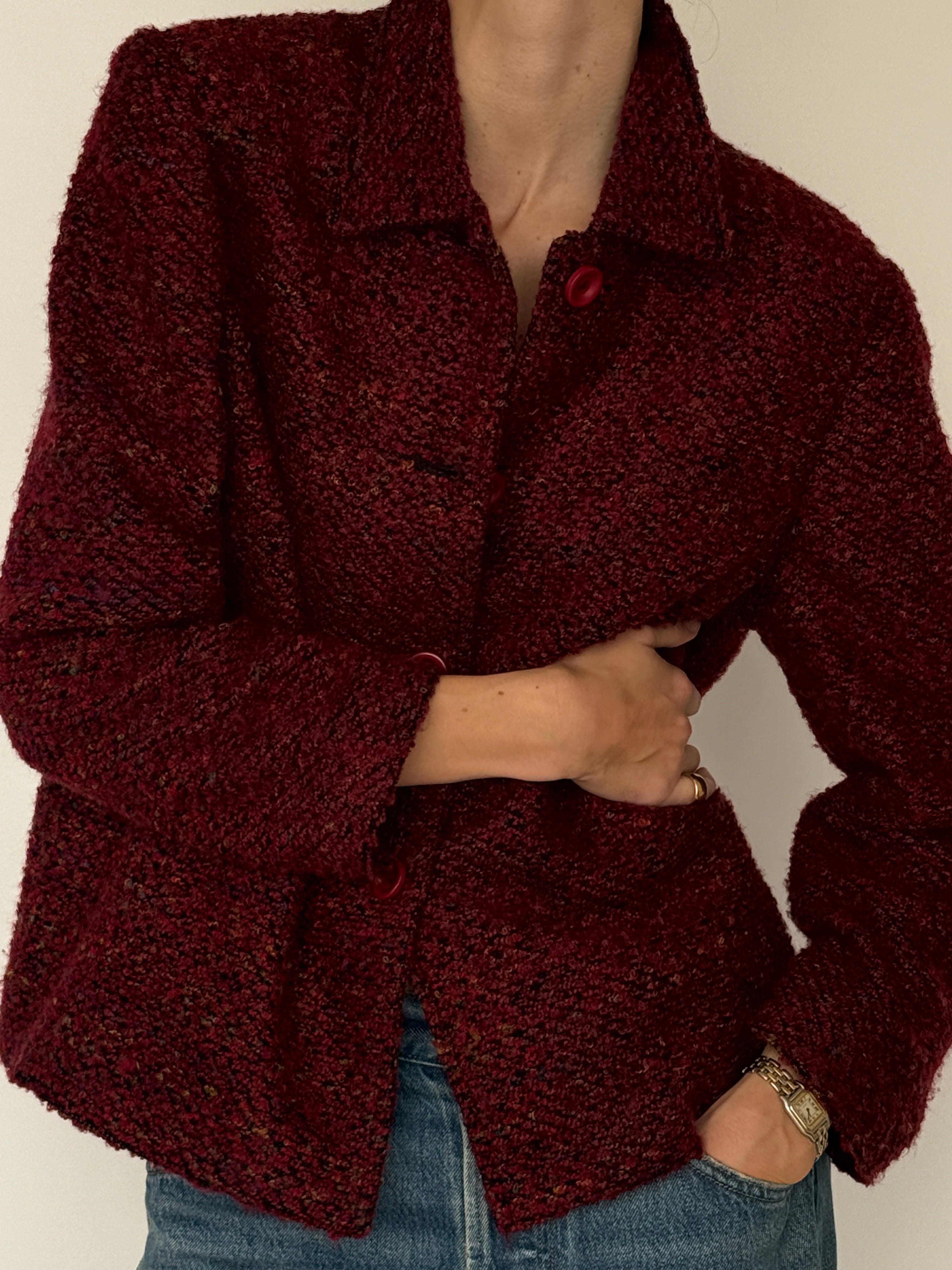 Vintage bouclé button-front jacket burgundy front view