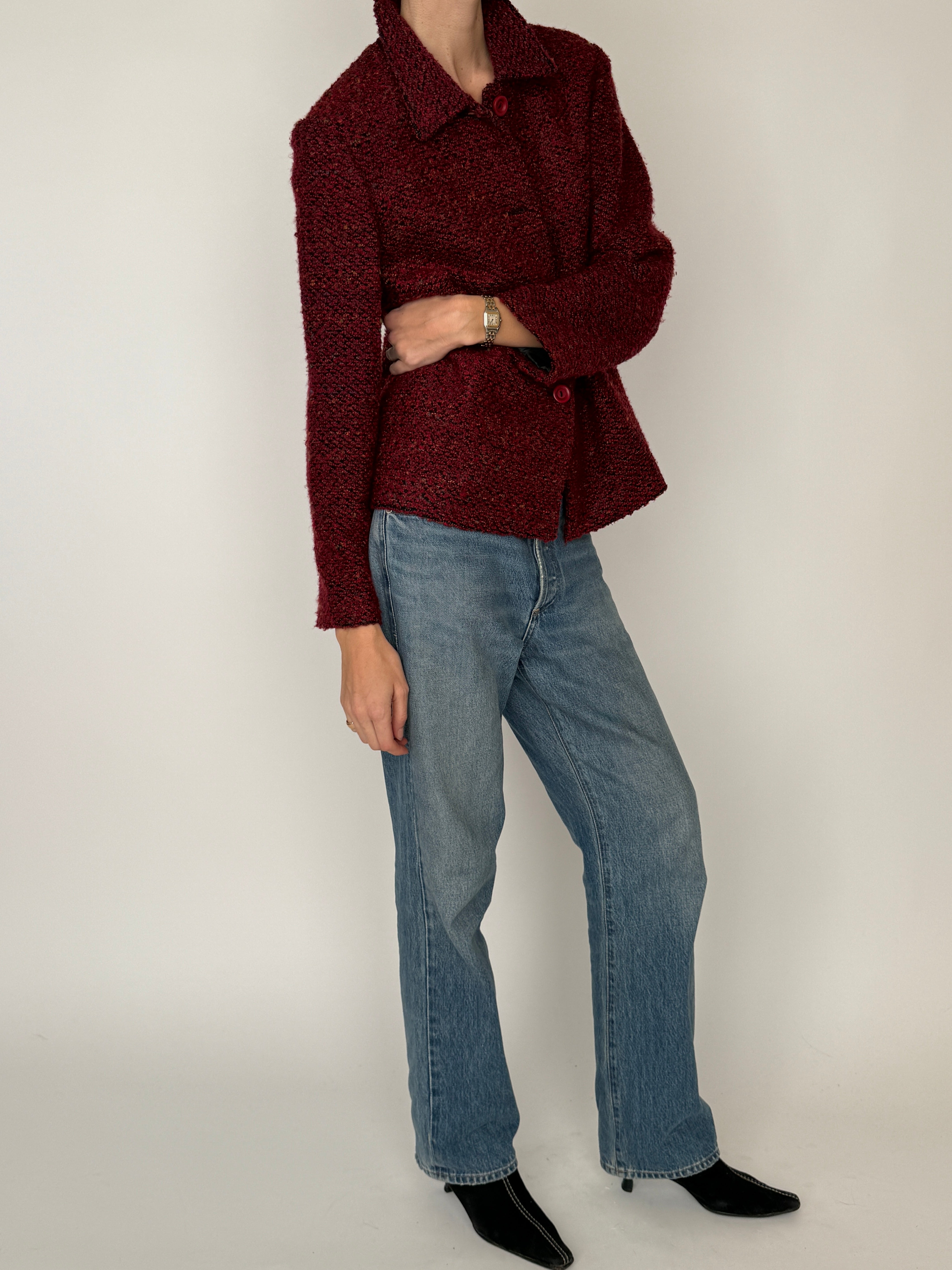 Vintage burgundy bouclé jacket side view