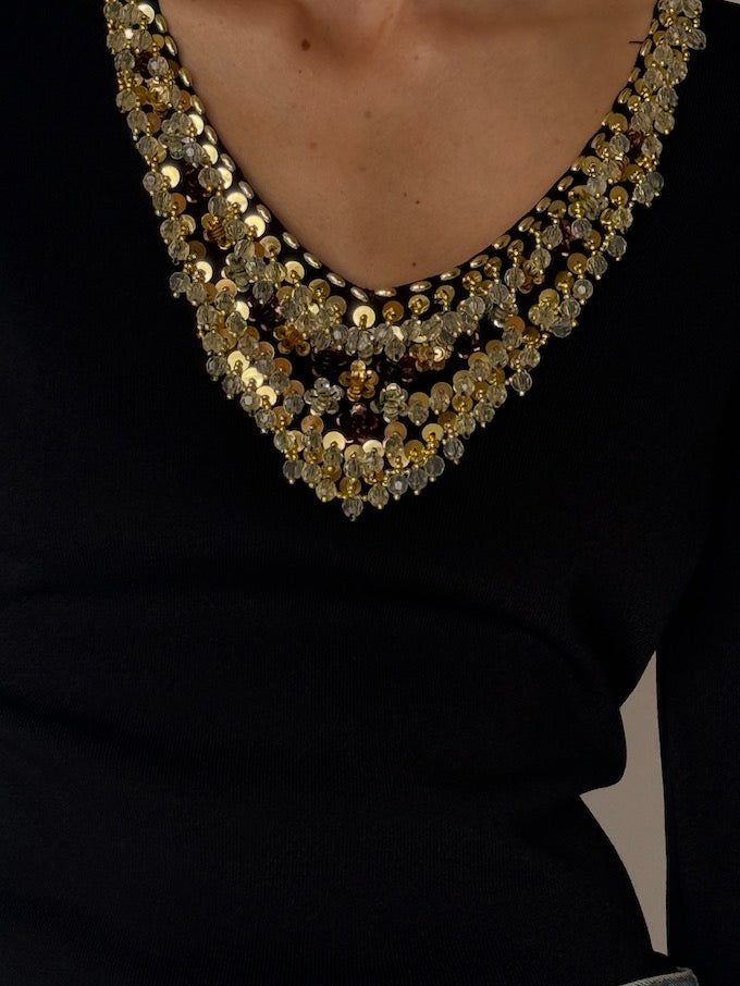 Vintage Black Embellished Knit Top 6655