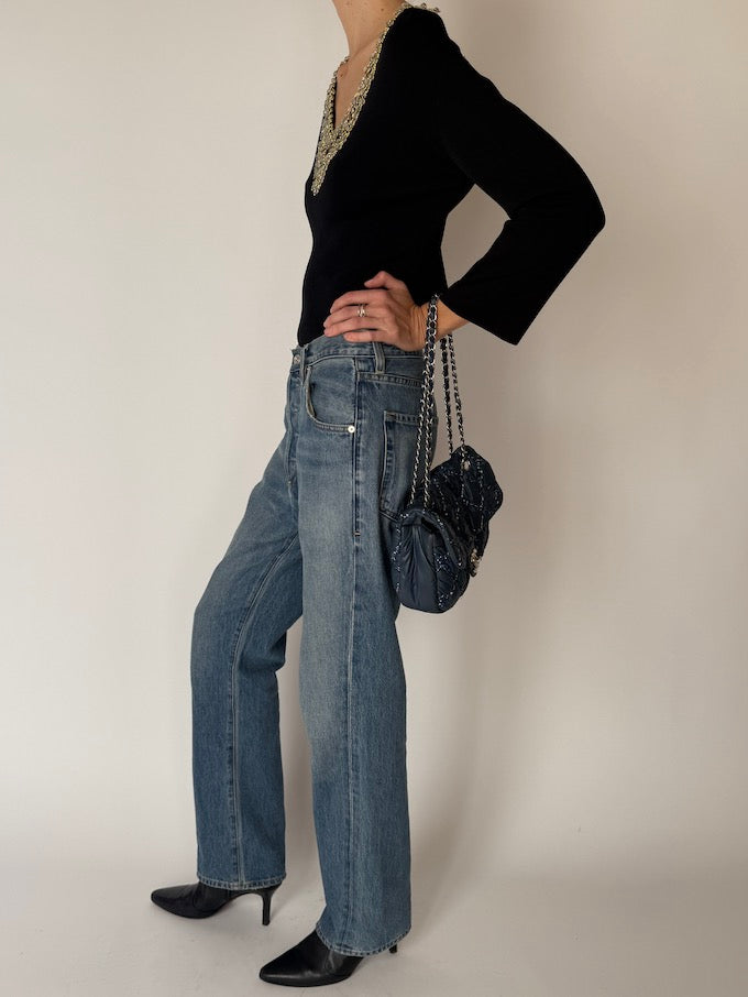 Vintage Black Embellished Knit Top 6655